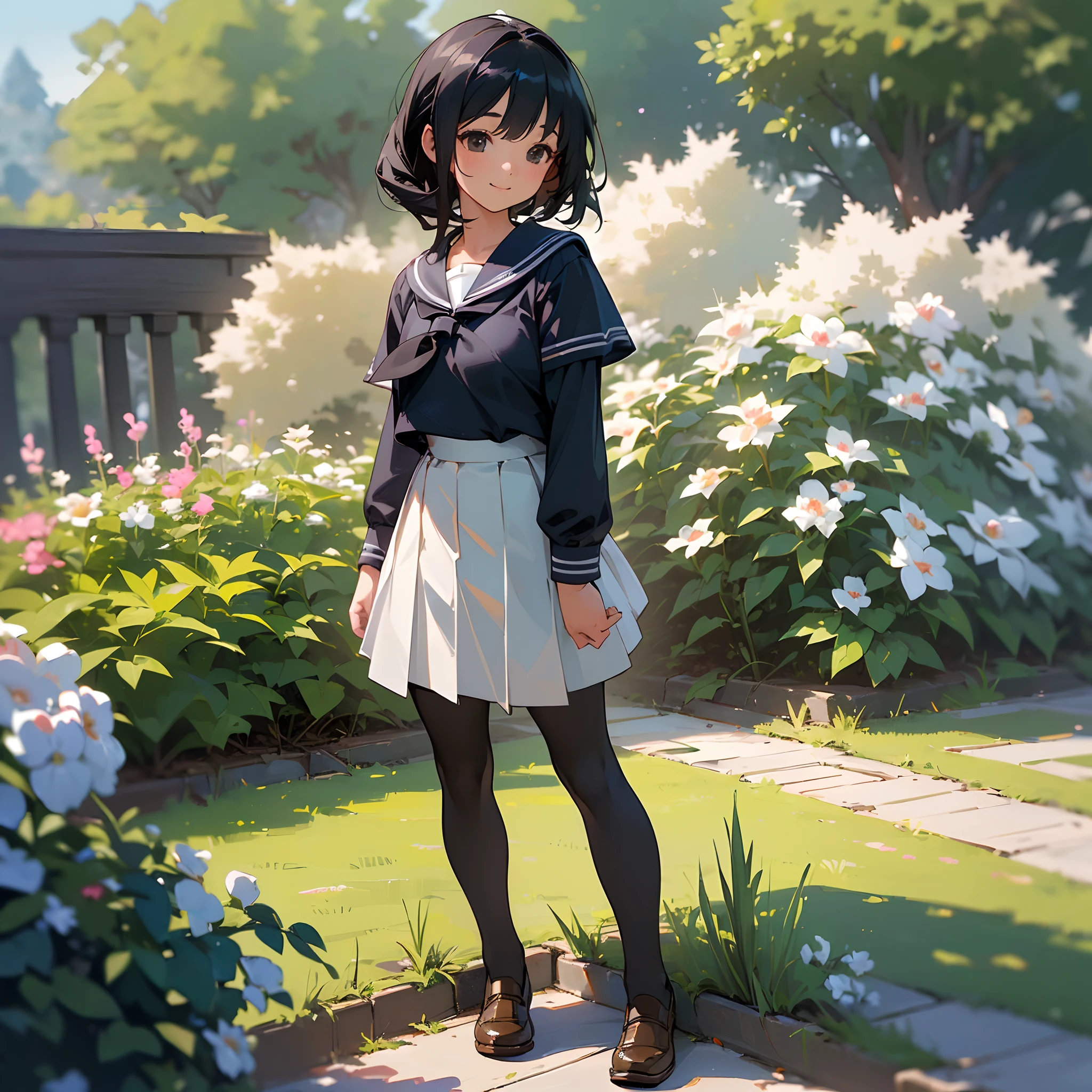 (Best Quality, hight resolution, Ultra-detailed, Realistic:1.37), peaceful ambiance, (plein air, garden), age girl standing alone, Beautiful detailed features, Cute smile, ((Black bob hair)),Navy blue sailor suit, Pleated skirt,Black tights,Brown leather shoes.