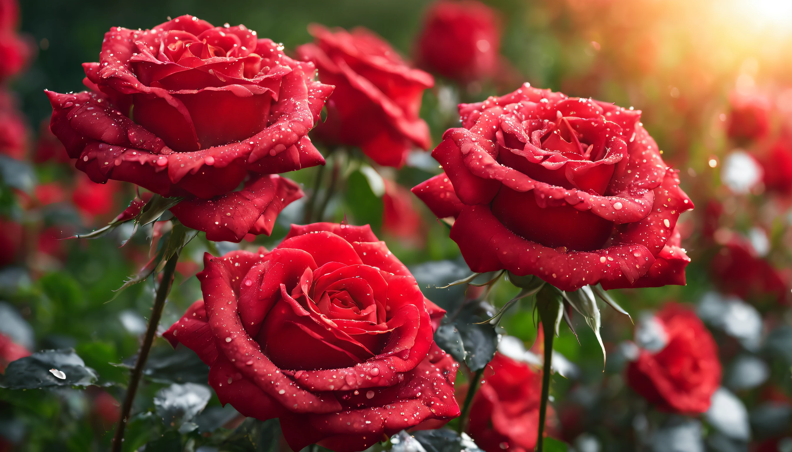 Many red color rose flowers in the garden and sunlight with bokeh, dew drops on flower petals (masterpiece, ultra quality, high resolution, 8k, intricate: 1.2), (masterpiece), (best quality:1)