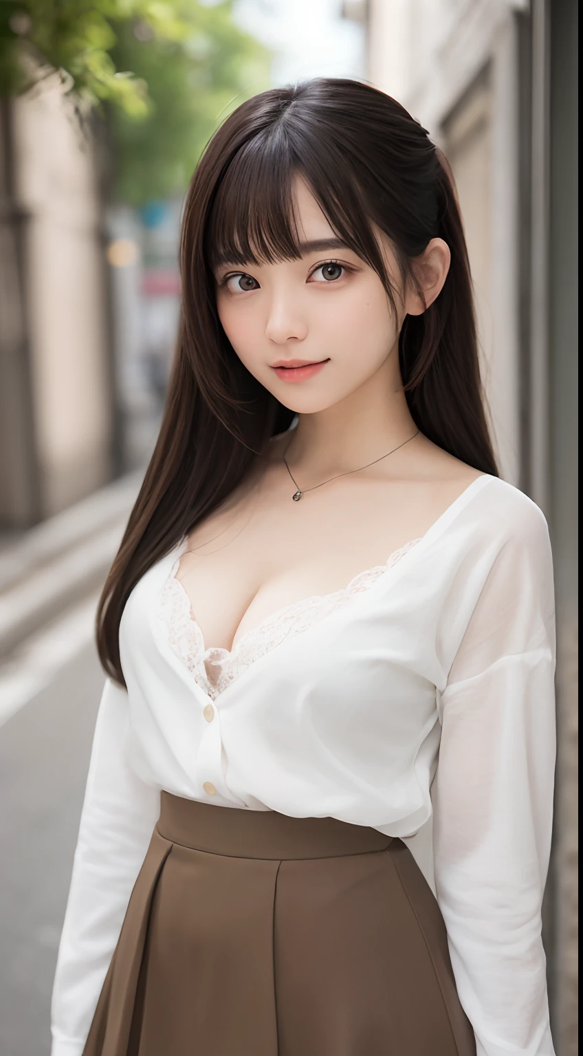 (8K、Raw photography、top-quality、​masterpiece:1.2)、(realisitic、Photorealsitic:1.37)、ultra-detailliert、超A high resolution、女の子1人、(beautifull detailed face、Golden Ratio Face、Balanced eyes、二重まぶた、lipgloss)、Beautiful detailed skin、Skin Texture、Professional Lighting、(Very beautiful girl)、Happy smile、View photographer、Glowing white shiny skin、(Attractive Bright Natural Platinum Brown Silky Hair 1.5)、eye liner、(((Redeye)))、Blouse、tight skirts、high-heels