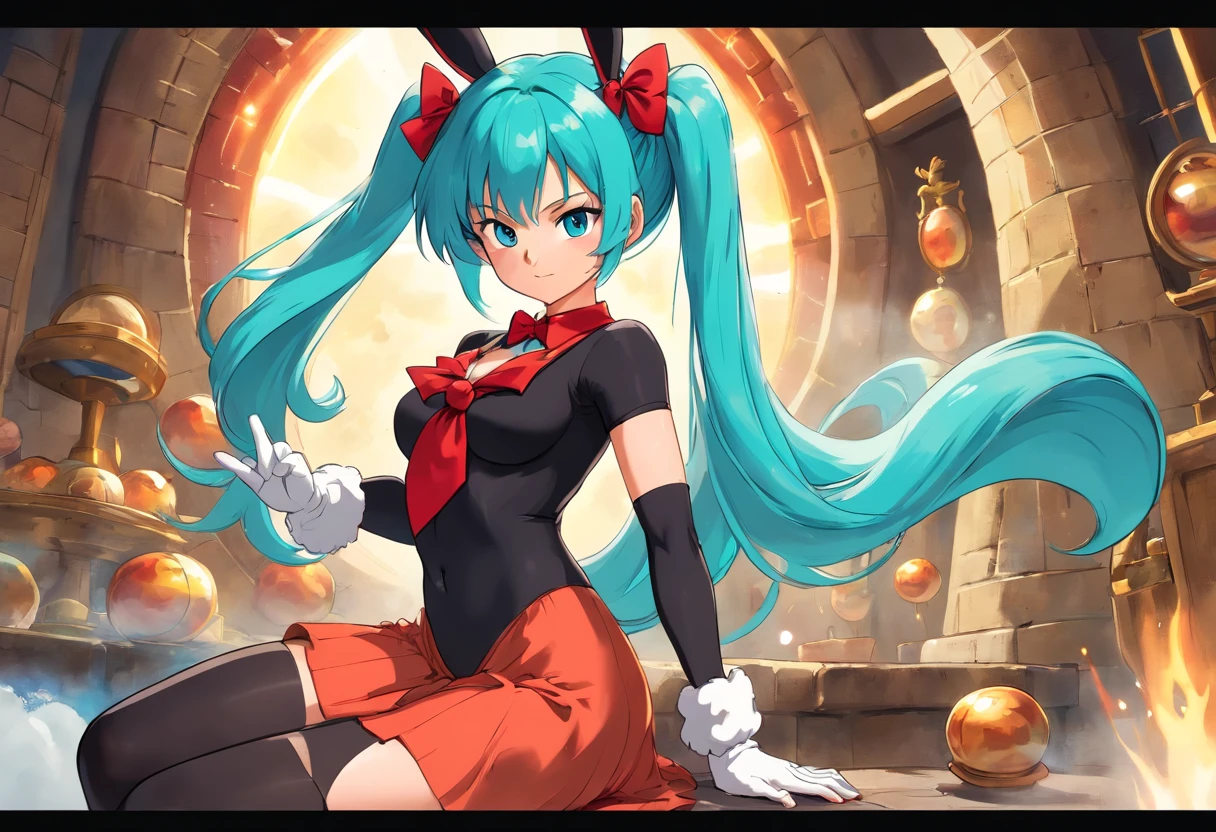 DRAGON BALL, BLMLONG, AQUA HAIR, BLUNT BANGS, LONG HAIR, PLAYBOY BUNNY, RABBIT EARS, BLACK PANTYHOSE, RED BOWTIE, WRIST CUFFS, BLACK LEOTARD, LARGE BREASTS