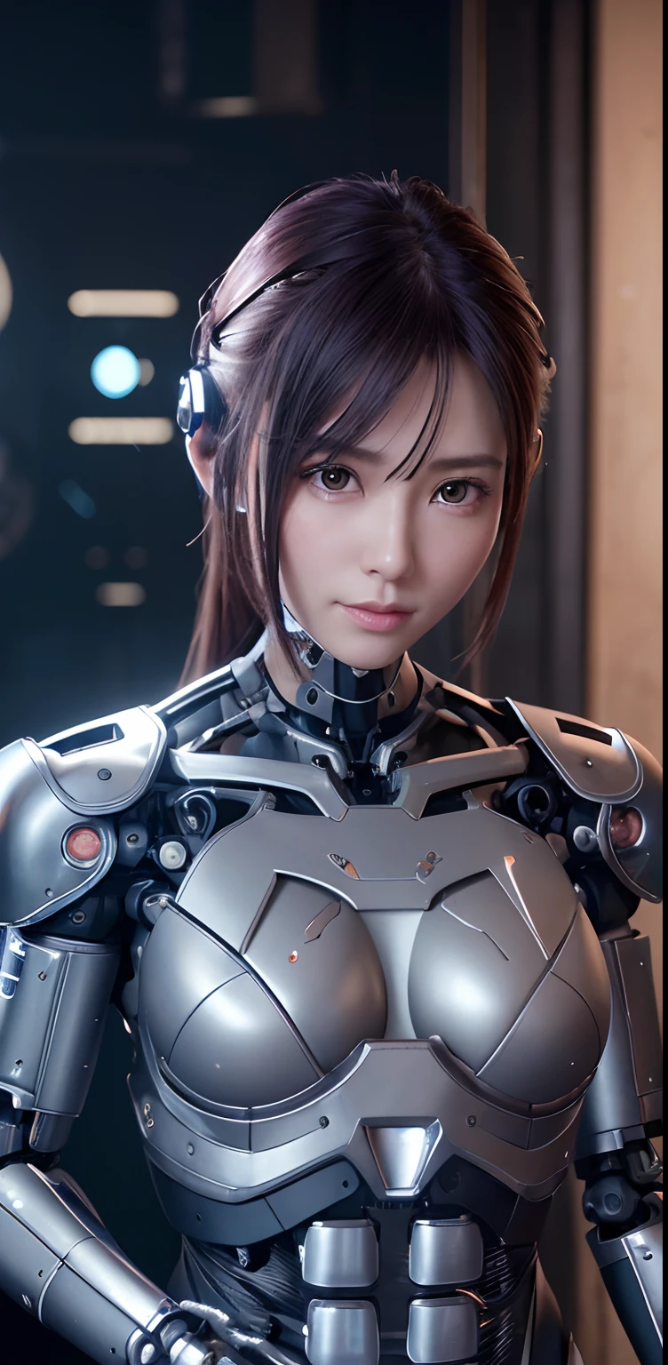 top-quality、masterpiece、超A high resolution、(Photorealsitic:1.4)、((a beauty girl:1.6)), 1 full-body cyborg girl、、NOhumans、((The skin part is only the face)), Luminous Eyes、((Lots of split metal chest protectors)), Metal Robot、((The whole body is the body of a combat robot))、((Body parts are robot parts:1.8))、((The internal mechanisms of the chest are exposed)), ((Mechanical chest armor with LED indicators and meters)), Robot arms and legs、((Exposed metal skeleton of the abdomen))、Metal skeleton of the cervical region、Under repair、destroyed body、Metal Mechanical Bra、Full Body Metal Skin、Metal bodysuit、Metal scales covering the whole body、body made of metal、Whole body metal、a beauty girl、prosthetic hand、artificial leg、Full body cyborg、Exposed metal skeleton、Asian Beauty、cyberpunked、steampunc、Inside the futuristic space battleship、laboratory、Complex 3d rendering beautiful porcelain profile ultra detailed female type android face、dark brown hair、glowy skin、((super realistic details))、portlate、globalillumination、Shadow、octan render、metals、Details of complex ornaments、Japan details、highly intricate detail、Realistic light、CGSoation Trends、a purple eye、radiant eyes、Facing the camera、neon details、Mechanical limbs、blood vessels connected to tubes、Mechanical vertebrae attached to the back、mechanical cervical attaching to neck、sitting on、Wires and cables connecting to the head、Gundam、Small LED lamp、masterpiece、 Metal Robot、body made of metal、Whole body metal、prosthetic hand、artificial leg、Full body cyborg、Exposed metal skeleton、Asian Beauty、cyberpunked、steampunc、Futuristic cities、laboratory、Complex 3d rendering beautiful porcelain profile super detailed female android face、cyborgs、roboticparts、150mm、beautiful studio soft light、Rim Lights、vibrant detail、luxuriouscyberpunk、Ren Hao、surrealistic、Anatomical、face muscles、cable electric wires、microchips、elegent、beatiful backgrounds、octan render、HR Giger Style、8K、top-quality、masterpiece、illustratio、extremely delicat