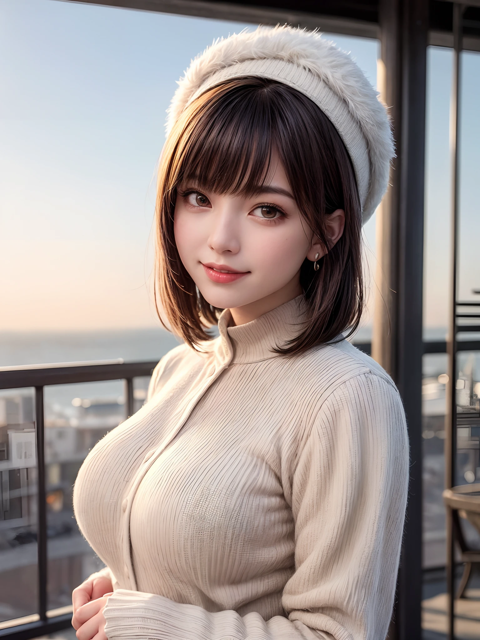 (masterpiece, top-quality、Very attractive adult beauty、Add intense highlights to the eyes),1girl in, 独奏, A dark-haired, scarf, Hats,, realisitic, looking at the viewers, black eyes of light color, shorth hair, coat, Winter clothes, White headscarf, s lips, lipgloss,bangss, The upper part of the body、big eye、Lashes)、((Road system in Italy))、((Shorthair with bangs、big eye、Put very strong highlights in your students、very Bigger breasts、gazing at viewer、Very beautiful beauty、Put your ears out、long neck、little smiling、Beautiful teeth、Open your mouth and smile))、28 year old、Very cute supermodel