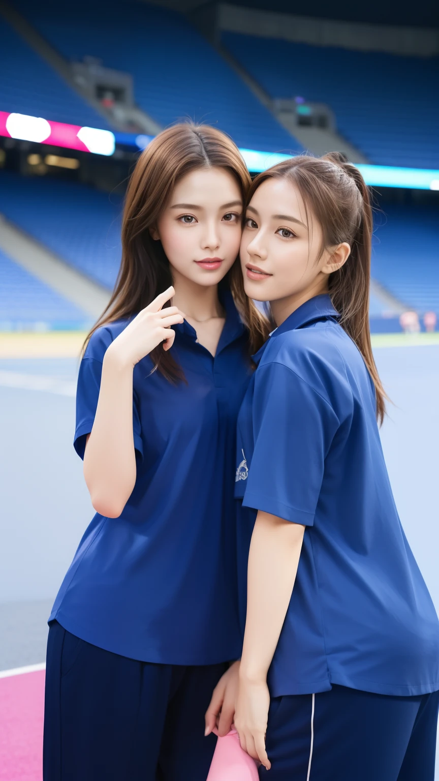(bestquality,10,10,highres,masterpiece:1.2),ultra-detail,(Realistic,photorealistic portrait,photo-realistic:1.37),1 Cute girl in the football field,oily shiny skin,bara,light smile,BDclothes,((blue shirt:1.3)),short sleeves,shirt, trousers.,(navy_long_Pants Track:1.1), ((Stadium Background:1.3)),dynamic angle,excited,face focus,Dynamic Poses,from behide,Ass Focus,masterpiece, bestquality, ultra realistic, hyper-detail, 8k resolution, RAW photo, crisp focus, ((Navy blue shirt:1.1)), short sleeves, Long Path, Perfect body, 2 mature women, 18yo, cinematic light,Blue sweatpants,Gymware,Correct anatomy,Complete body, Correct body, sharp face, Anatomically correct body, full entire body, Realistic gestures, long-haired, Realistic poses,Wear long shorts...,Long leg span,Shapely,Sculpting Girl, 2 girls kissing each other, Realistic kiss , mannequin mannequins , Slender Figure, Puppet Girl, Shapely