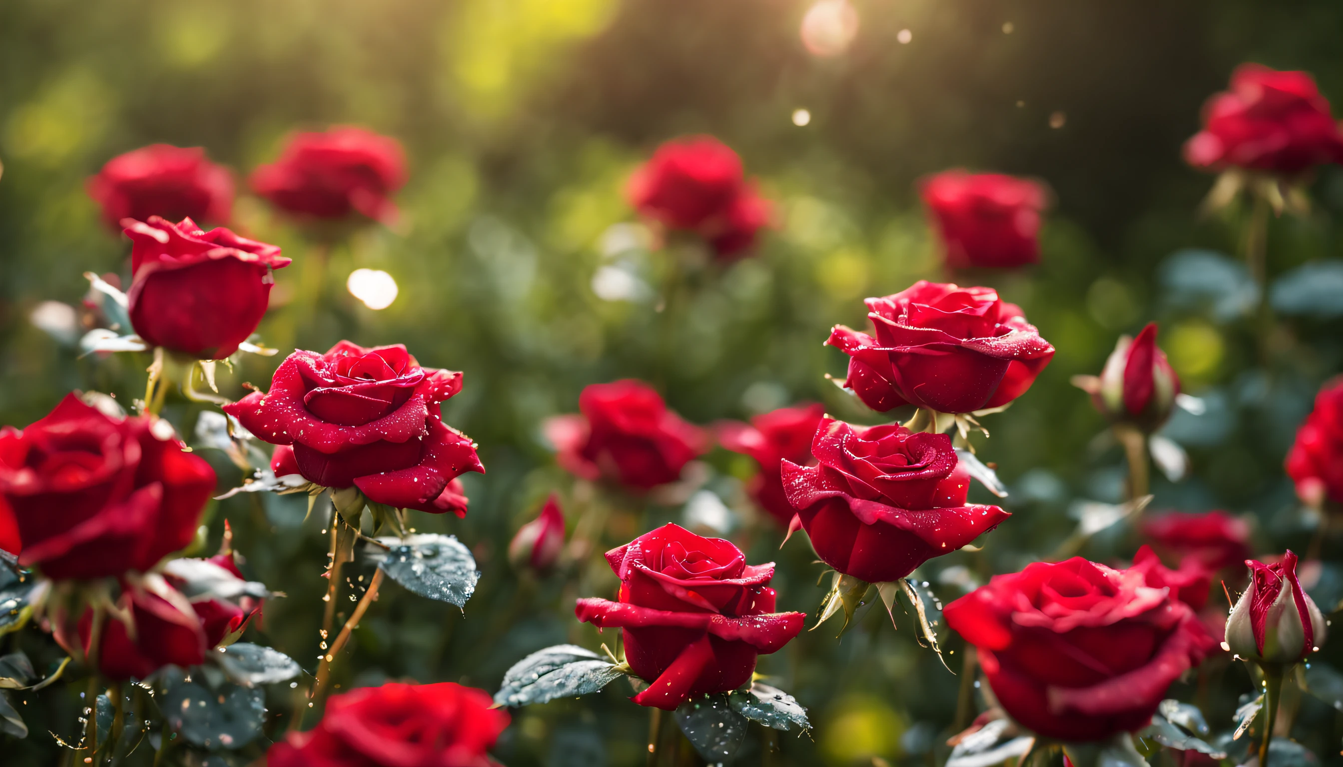 Many red color rose flowers in the garden and sunlight with bokeh, dew drops on flower petals (masterpiece, ultra quality, high resolution, 8k, intricate: 1.2), (masterpiece), (best quality:1)