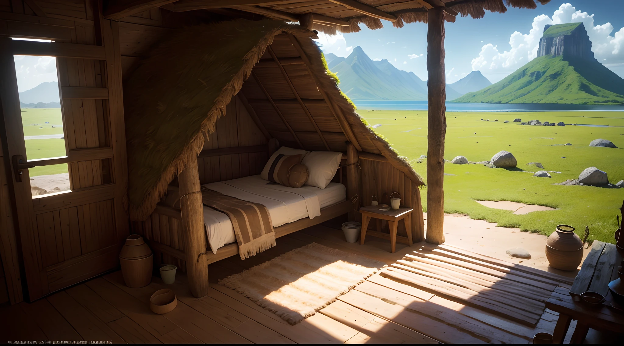 interior view of native amerindian Chieftain's hut, vulgar, poor, Neolithic, primitive architecture and primitive culture, America, New world, daytime, either Arawak or Taino or Caribbean or Central American style, caribbean trunk, stones, background is grassland and mountain of ANTILLES ISLANDS, 15th century, barbarian, , grass roof, grass wall, no man no girl ,no woman, no boy, no people, no human ,wallpaper