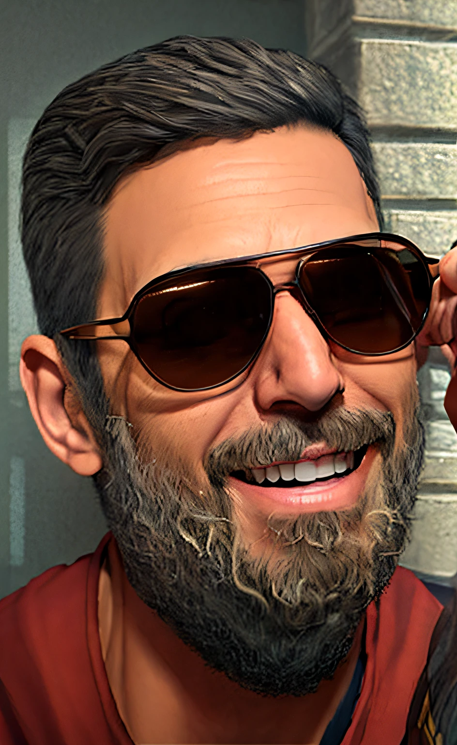 homem com barba sorrindo, anime, realistic animation style
