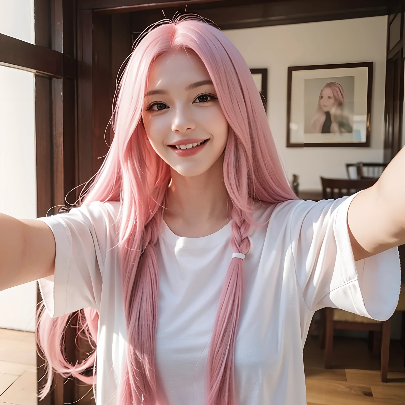 Selfie of White girl with long pink hair smiling with her mouth closed