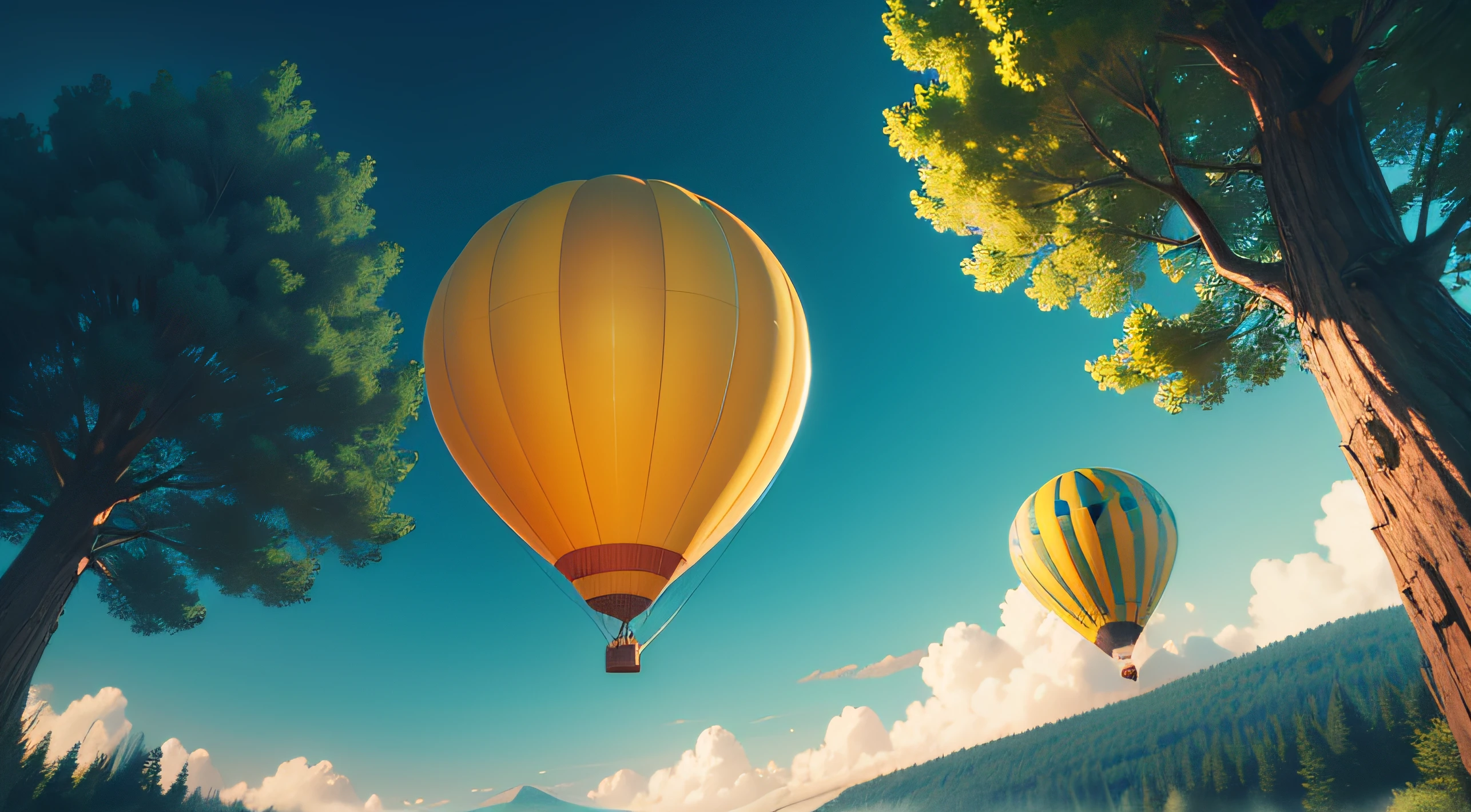 view of a yellow Air balloon anchored to trees, Pixar Movie Style, best quality, Cinematic Movie Still, very cute, amazing clearing, in a clearing forest