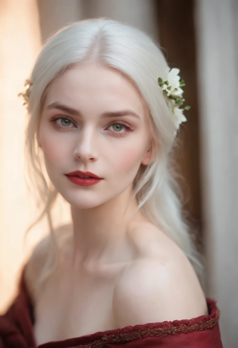 (((a deep reddish wound crosses her left cheek))) fair complexion, woman around 19 years old, natural white hair, distinctive green eyes, wearing kohl, slender and graceful, beautiful, candlelight in a medieval setting, ultra sharp focus, realistic shot, medieval female clothes, tetradic colors (scar:1.4)