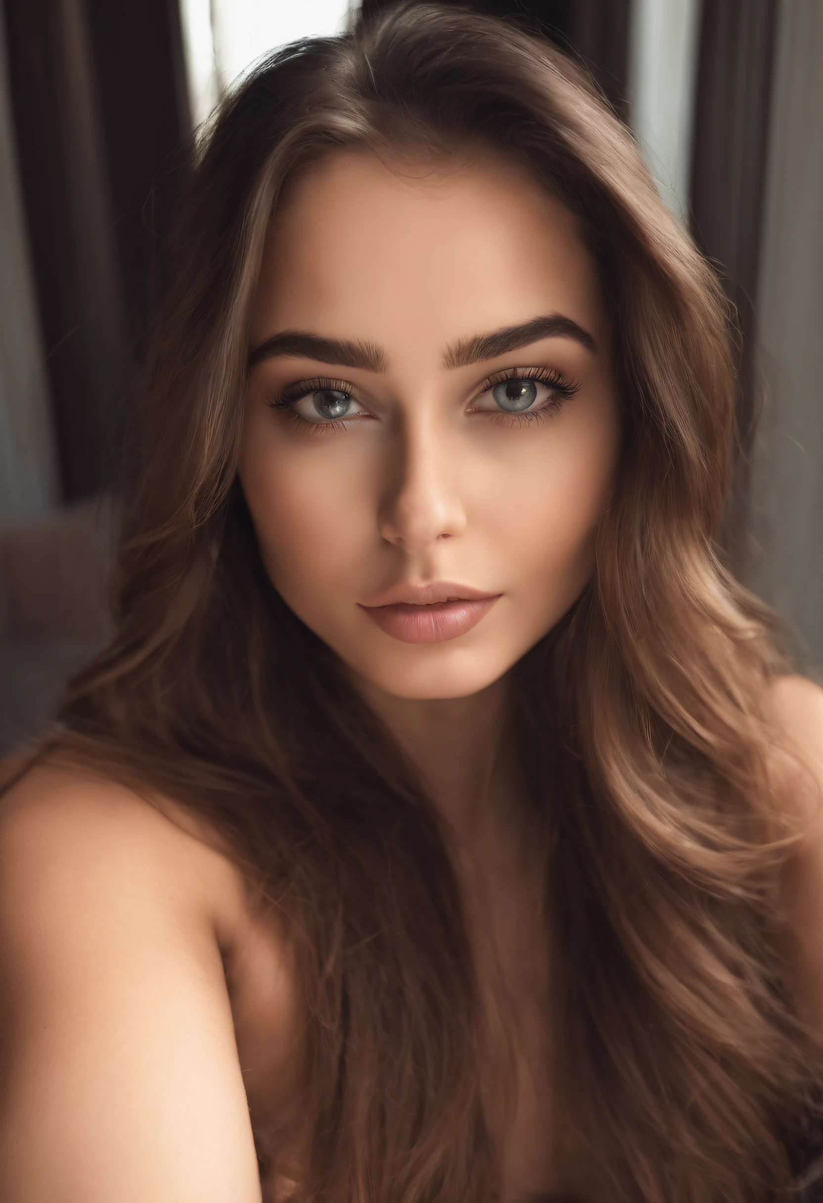 arafed woman with matching tank top and panties, sexy girl with brown eyes, portrait sophie mudd, brown hair and large eyes, selfie of a young woman, paris, violet myers, without makeup, natural makeup, looking directly at the camera, face with artgram, subtle makeup, stunning full body shot, in bedroom, cleavage