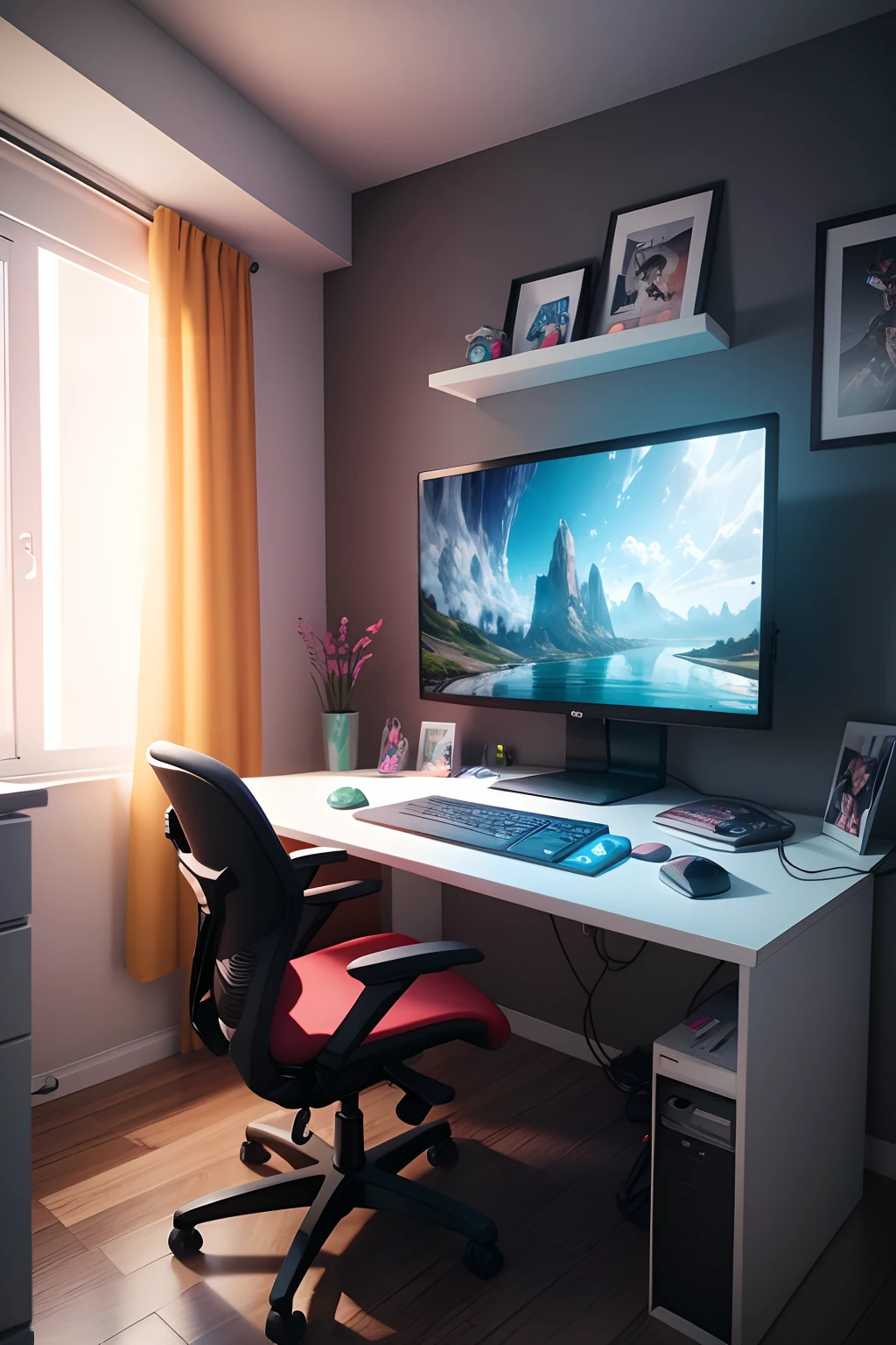uma imagem ultra realista de uma quarto gamer colorido com computador e as palavras LIVE STREAM