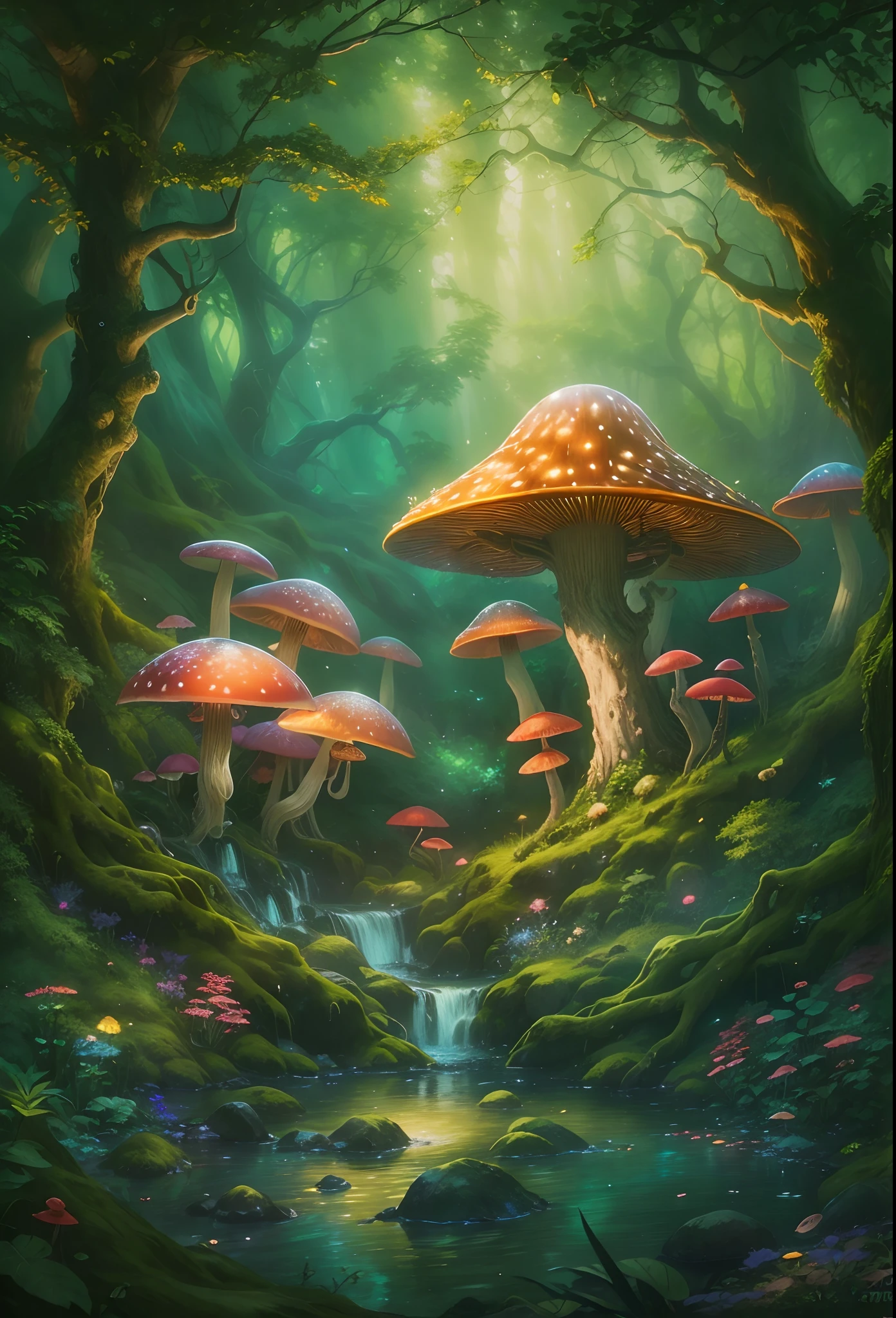 (Enchanted Forest 7,Magical creatures,(glowing mushrooms),sparkling waterfalls,fantasy,Leonora Carrington,a fantasy forest,Hazy perspective,sunlight filtering through the trees,(Glowing sika deer),Rich in color,assignment,light and shadow effect,k hd,tmasterpiece,Detailed details,depth of fields