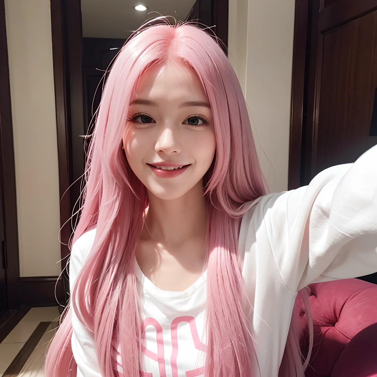 Selfie of White girl with long pink hair smiling with her mouth closed