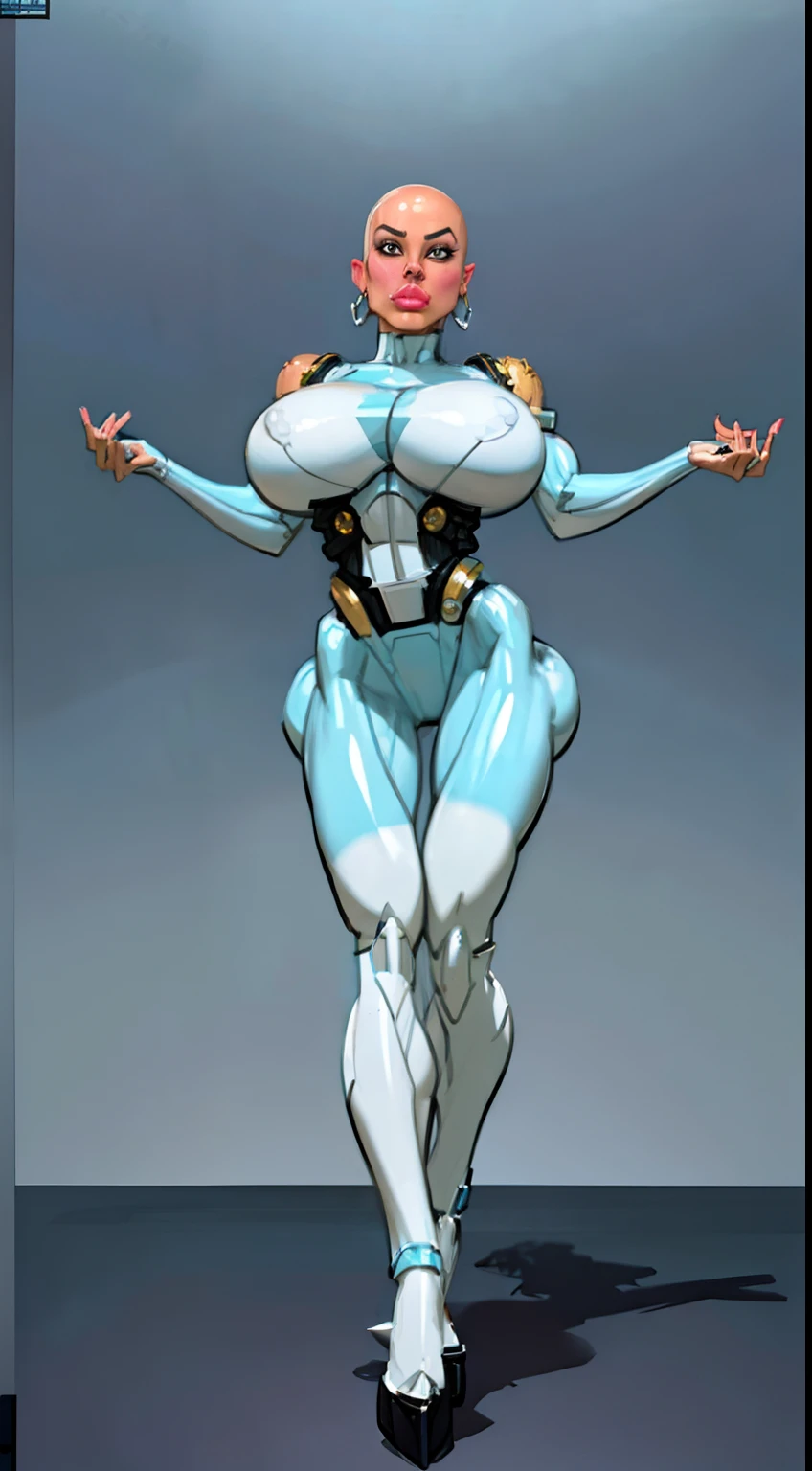 8k ((full body view))((view from below:1.6)) (large eyes:1.3), defined cheekbones, looking back, ((the pit style:1.4))((sleek chrome bodysuit:1.6)) ((intricate metal details:1.4))detailed face:1.5), (hooves:1.5), light blue skin,(puffy lips:1.5) (lightblue skin:1.6), (bald woman:1.7), (skinhead) ((sexy pose)),(Muscular:1.3), ((gigantic breasts:1.5)), )highly detailed, majestic, digital photography, art by artgerm and ruan jia and greg rutkowski, ((metal shoulder pads:1.2)), (masterpiece), sidelighting, intricate details, black and blue color palette