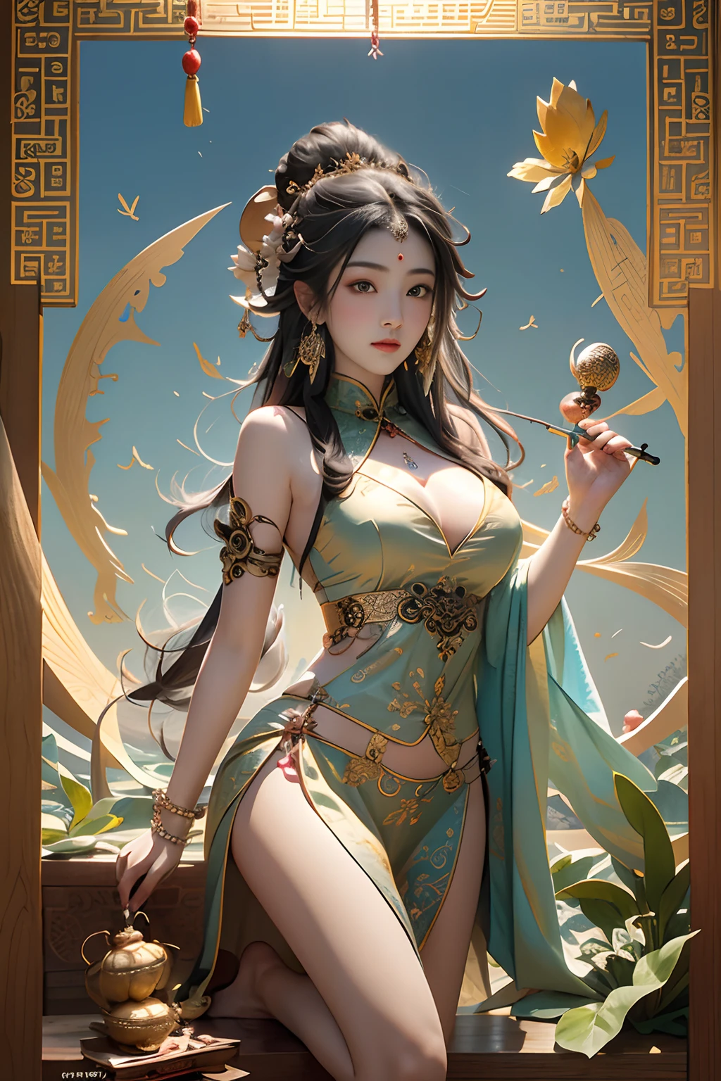 ancient chinese goddess, guanyin of the southern seas, guanyin, Inspired by India, Avalokiteşvara rides in Phoenix，,serene expressions,shui mo hua,Buddha,budista,lotuses,chinese painting style,Thangka style