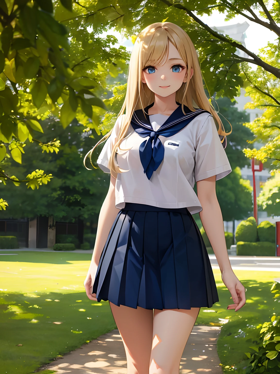 Masterpiece, hd, best quality, 1girl, long hair, blonde hair, germany woman, 20 y.o, realistic, serafuku, upper body, (serafuku:1.0), white japanese school shirt, sailor collar, neckerchief, short sleeves, pleated skirt, blue skirt, white socks, black shoes, smile,full body,outdoors, park, lawn, trees, sunshine, anime, 2d