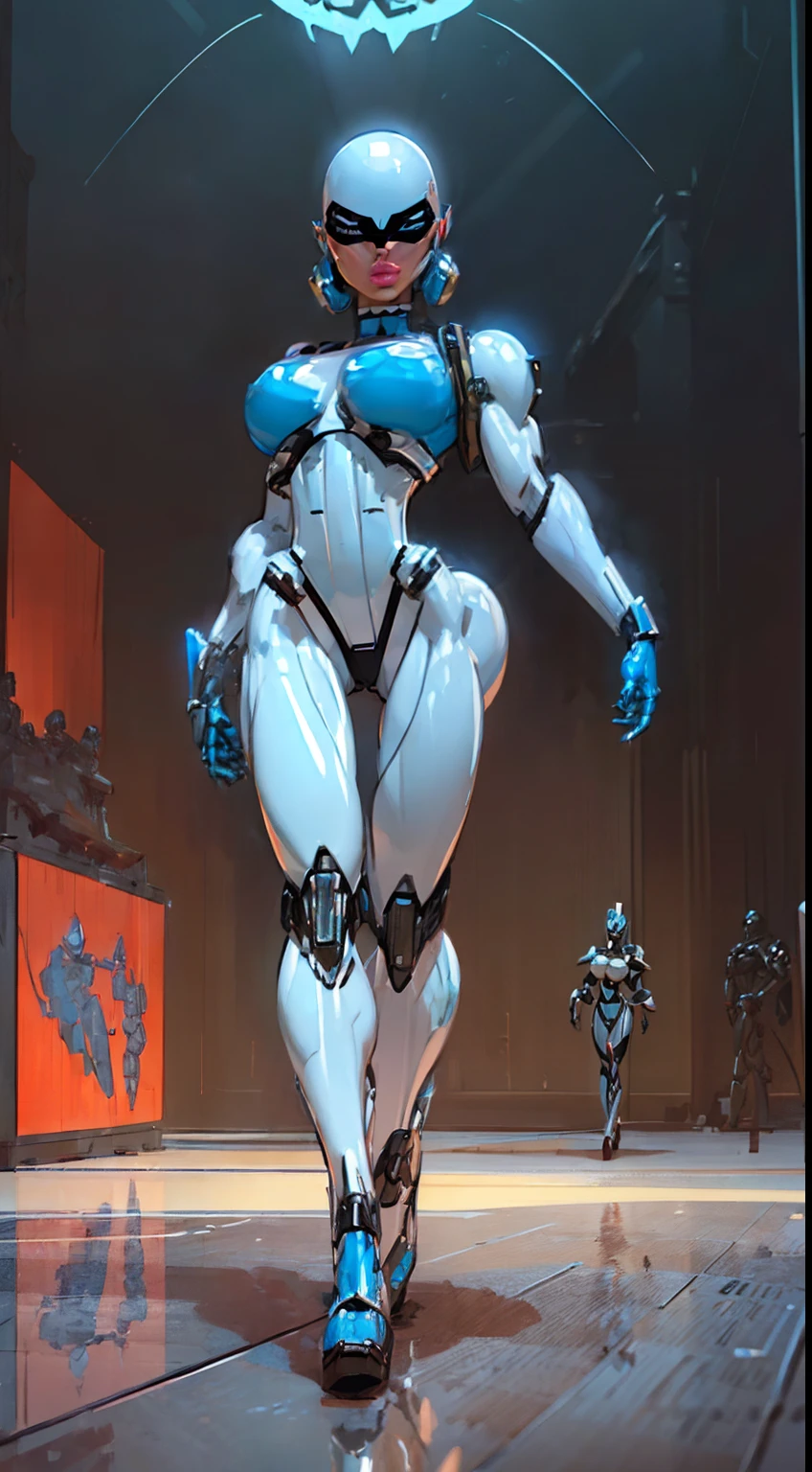 ((Radiant Aura:1.7)), 8k ((full body view))((view from below:1.6)) (large eyes:1.3), defined cheekbones, looking back, ((the pit style:1.4))((sleek chrome bodysuit:1.6)) ((small helmet over eyes:1.6)), (( red visor))((intricate metal details:1.4))detailed face:1.5), lightblue skin,(puffy lips:1.5) (lightblue skin:1.6), (bald woman:1.7), (skinhead) ((sexy pose)),(Muscular:1.3), ((gigantic breasts:1.5)), )highly detailed, majestic, digital photography, art by artgerm and ruan jia and greg rutkowski, ((metal shoulder pads:1.2)), (masterpiece), sidelighting, intricate details, black and blue color palette
