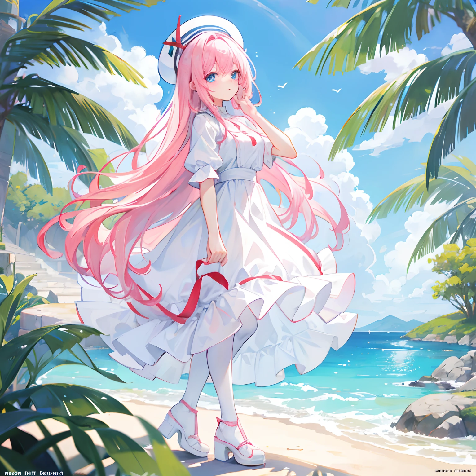 Pink hair，long whitr hair，Neat bangs，Qi bangs，skyblue eyes，，adolable，teens girl，White gorgeous beautiful dress，White silk pantyhose，Wearing white leather shoes on his feet，Full body photo from the side，All body，Fingers and arms are not exposed，Background sandy beach，with blue sky and white clouds，Flowers and bushes，Happy expression，Cute gestures