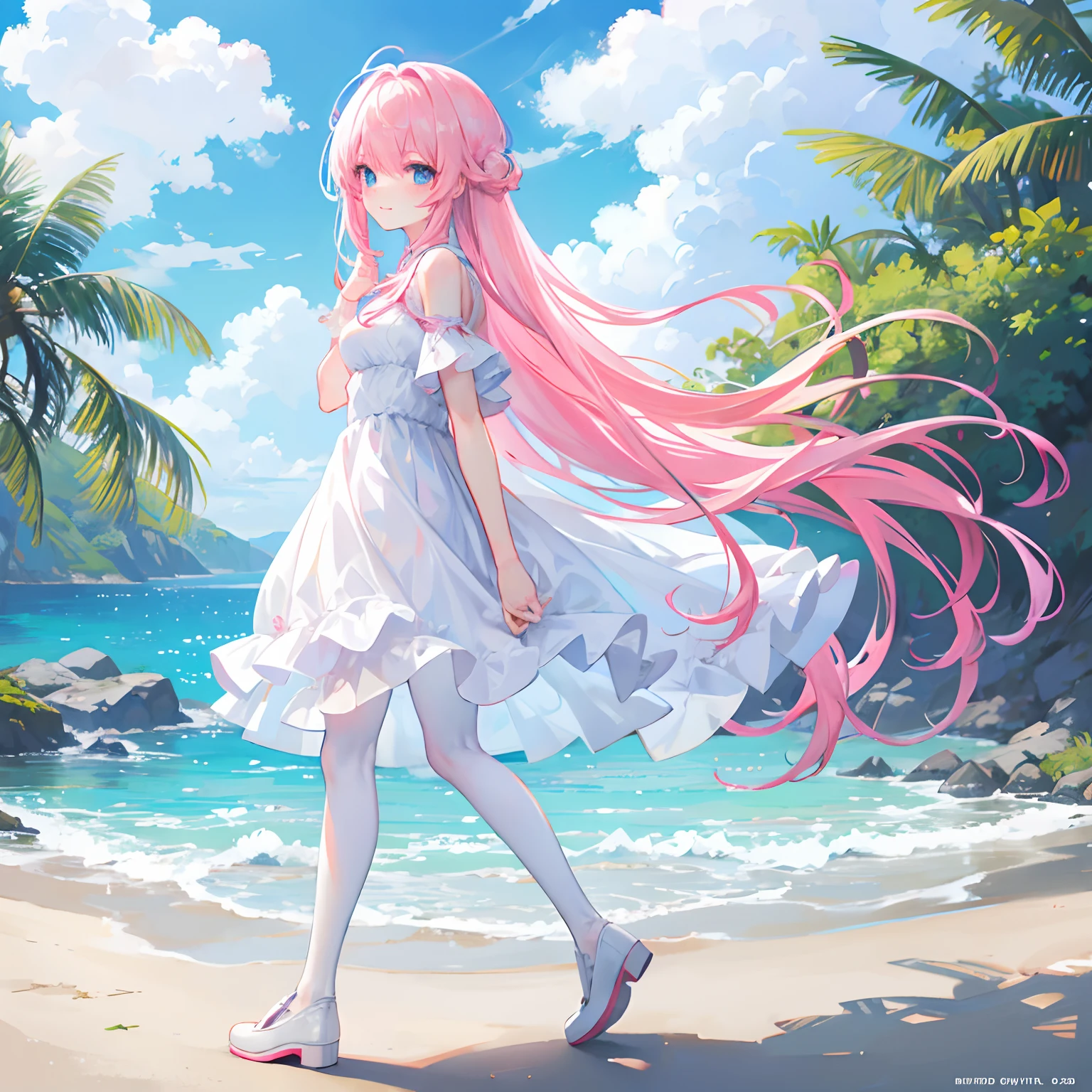 Pink hair，long whitr hair，Neat bangs，Qi bangs，skyblue eyes，，adolable，teens girl，White gorgeous beautiful dress，White silk pantyhose，Wearing white leather shoes on his feet，Full body photo from the side，All body，Fingers and arms are not exposed，Background sandy beach，with blue sky and white clouds，Flowers and bushes，Happy expression，Cute gestures