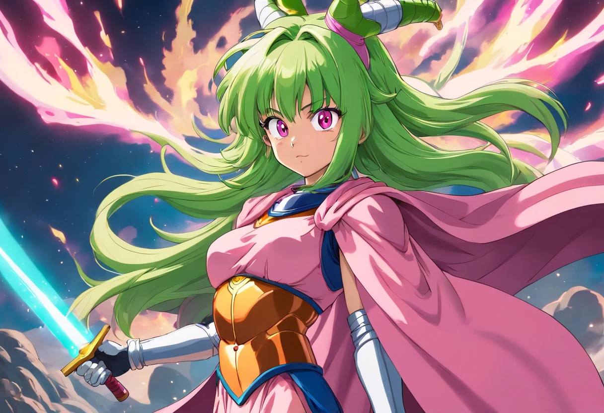 dragon ball, aachichi, long hair, helmet, pink headwear, black eyes, large breasts, shoulder armor, bikini armor, green cape, pink gloves, navel, groin