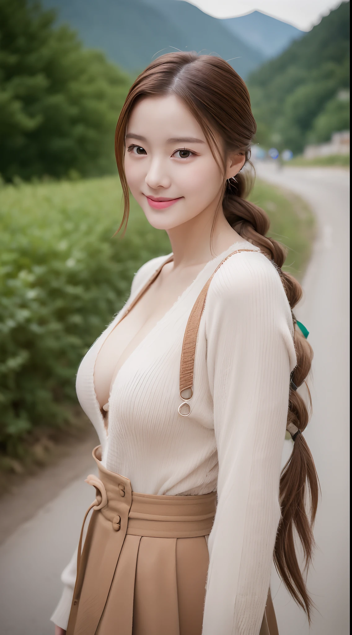 Realistic photos of (1 cute Korean star) french braid, thin makeup, slightly smile, 32 inch breasts size, walking on the street, mountain is background, upper body portrait, UHD
