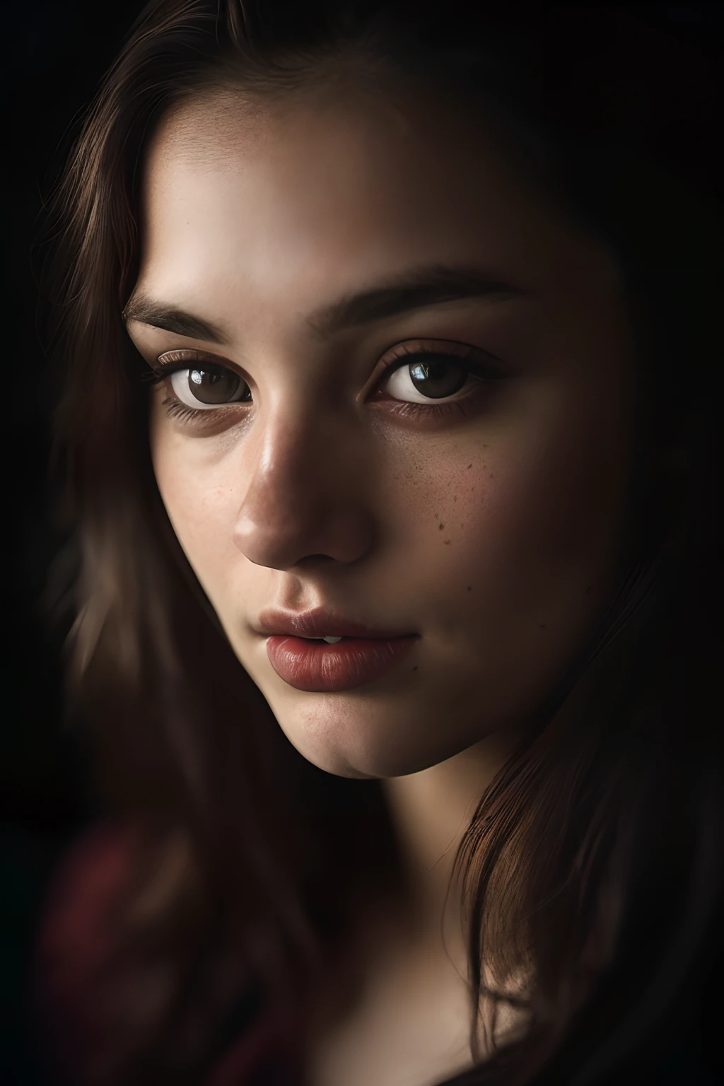 (close-up, editorial photograph of a 21 year old woman), (highly detailed face:1.4) (smile:0.7) (background inside dark, moody, private study:1.3) POV, by lee jeffries, nikon d850, film stock photograph ,4 kodak portra 400 ,camera f1.6 lens ,rich colors ,hyper realistic ,lifelike texture, dramatic lighting , cinestill 800,