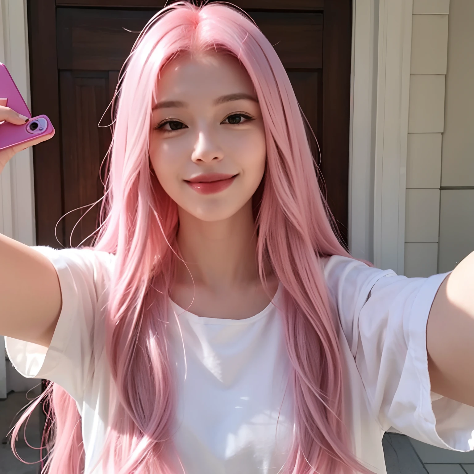 Selfie of White girl with long pink hair smiling with her mouth closed