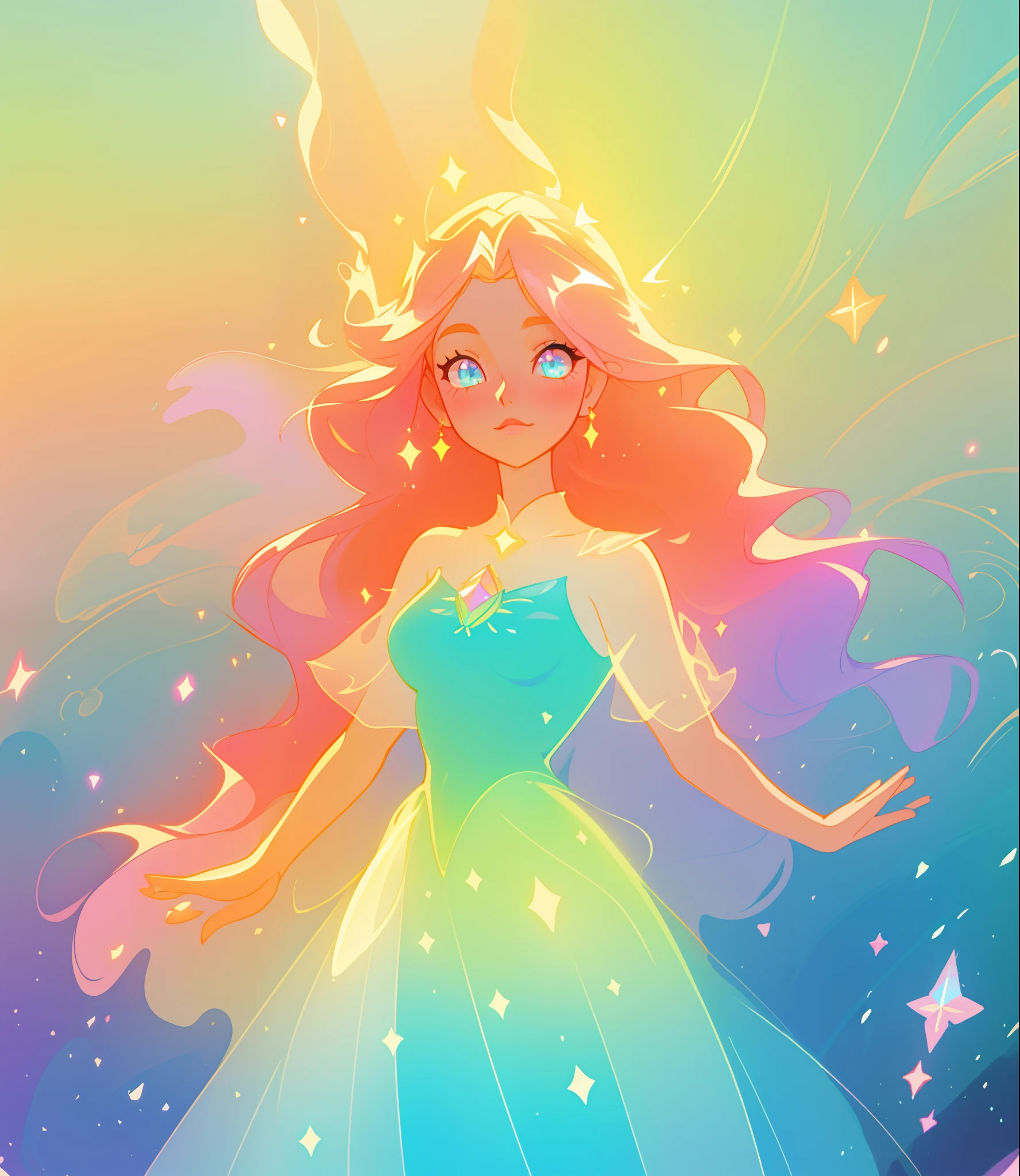 beautiful girl, puffy tiered ballgown, vibrant pastel colors, (colorful), glowing golden long hair, magical lights, sparkling magical liquid, inspired by Glen Keane, inspired by Lois van Baarle, disney art style, by Lois van Baarle, glowing aura around her, by Glen Keane, jen bartel, glowing lights! digital painting, flowing glowing hair, glowing flowing hair, beautiful digital illustration, fantasia background, whimsical, magical, fantasy, ((beautiful face)), ((masterpiece, best quality)), intricate details, highly detailed, sharp focus, 8k resolution, sparkling detailed eyes, liquid watercolor