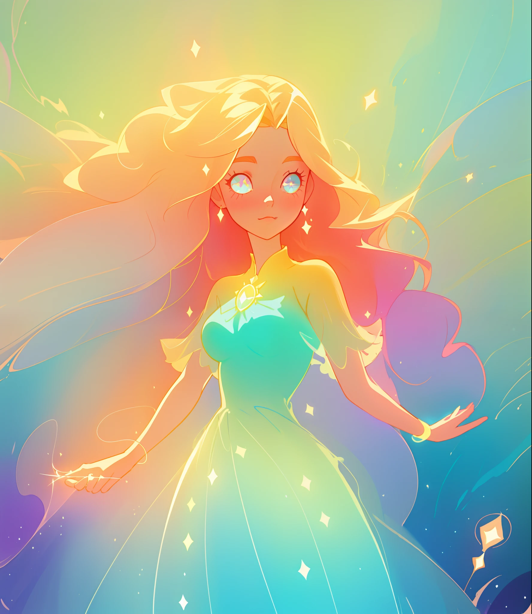 beautiful girl, puffy tiered ballgown, vibrant pastel colors, (colorful), glowing golden long hair, magical lights, sparkling magical liquid, inspired by Glen Keane, inspired by Lois van Baarle, disney art style, by Lois van Baarle, glowing aura around her, by Glen Keane, jen bartel, glowing lights! digital painting, flowing glowing hair, glowing flowing hair, beautiful digital illustration, fantasia background, whimsical, magical, fantasy, ((beautiful face)), ((masterpiece, best quality)), intricate details, highly detailed, sharp focus, 8k resolution, sparkling detailed eyes, liquid watercolor