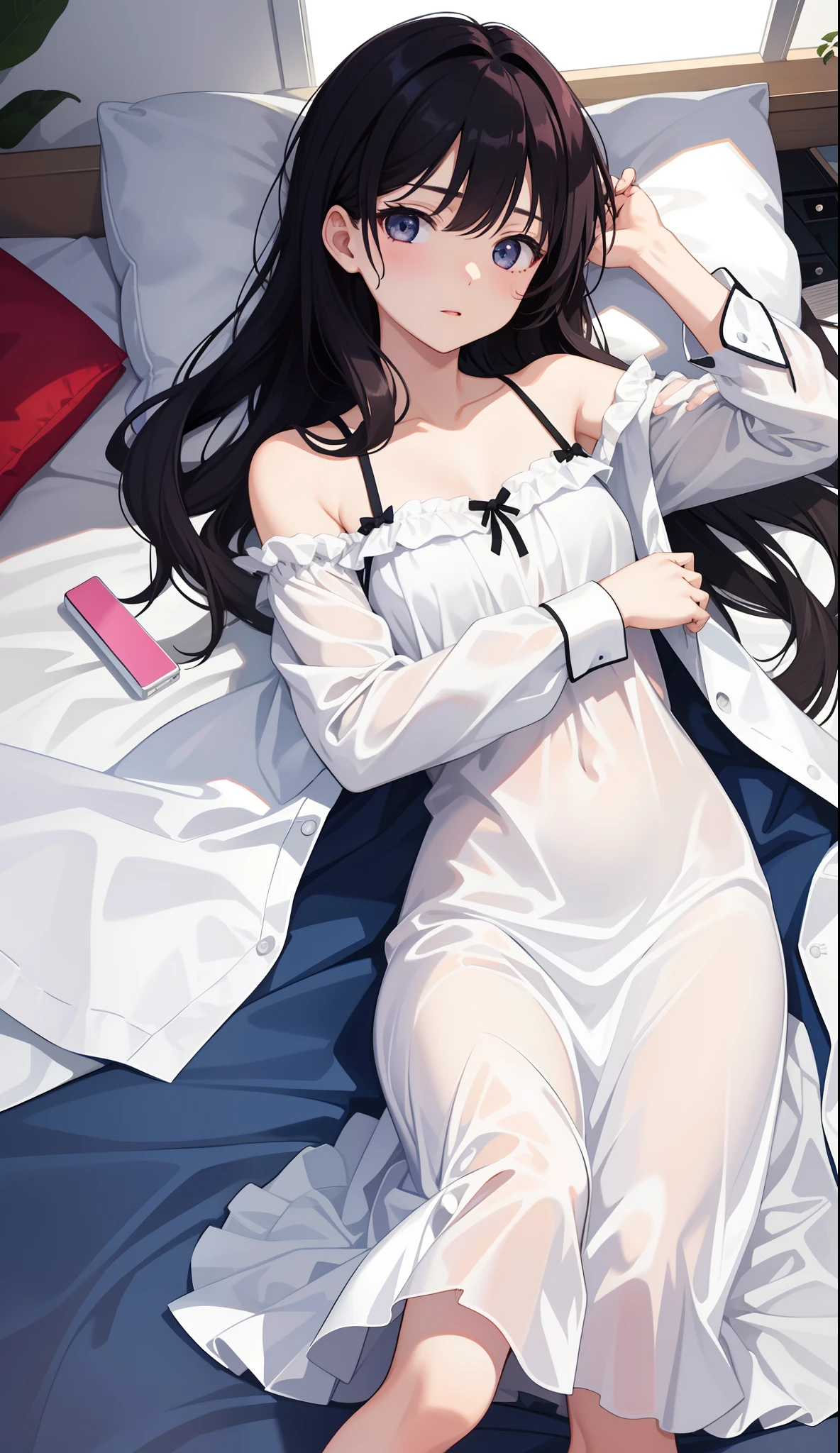 1girl in、AS-Adult、in bed、Are sleeping、nightgown、（small tits）、Upper body portrait、