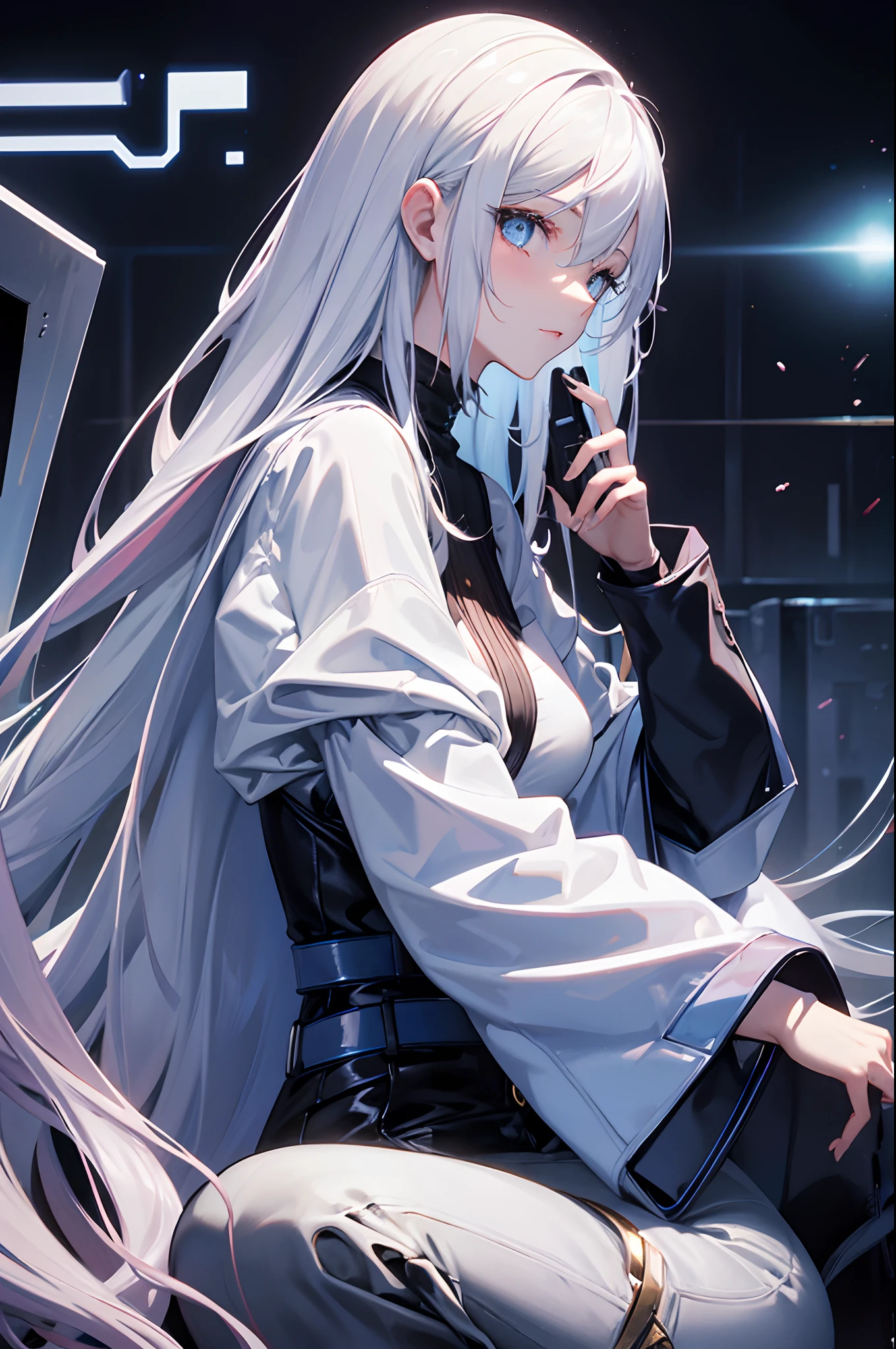 Cover magazine. Solo. 1-woman. Adult women. A beauty woman with long white hair. Her eyes were light blue. She in modern style. This is sci-fi theme. Fantasy. Unusual hairstyle. There are accessories on her clothes. Neopolitan. Wearing pants. Future theme. Sci-fi. Cyber theme. Fantasy. Scientific fantasy. Half body potrait.