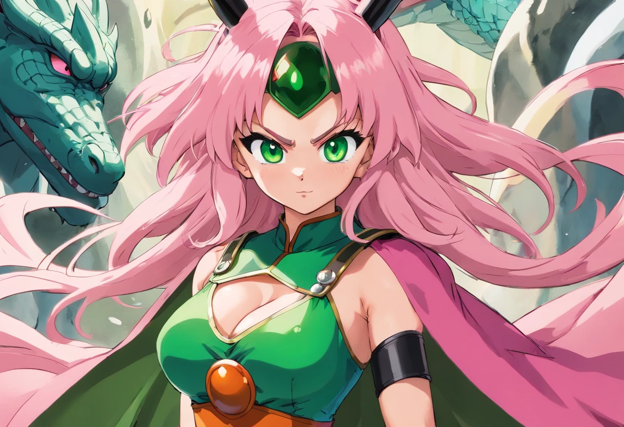 dragon ball, milk long hair, helmet, pink headwear, black eyes, large breasts, shoulder armor, bikini armor, green cape, pink gloves, navel, groin