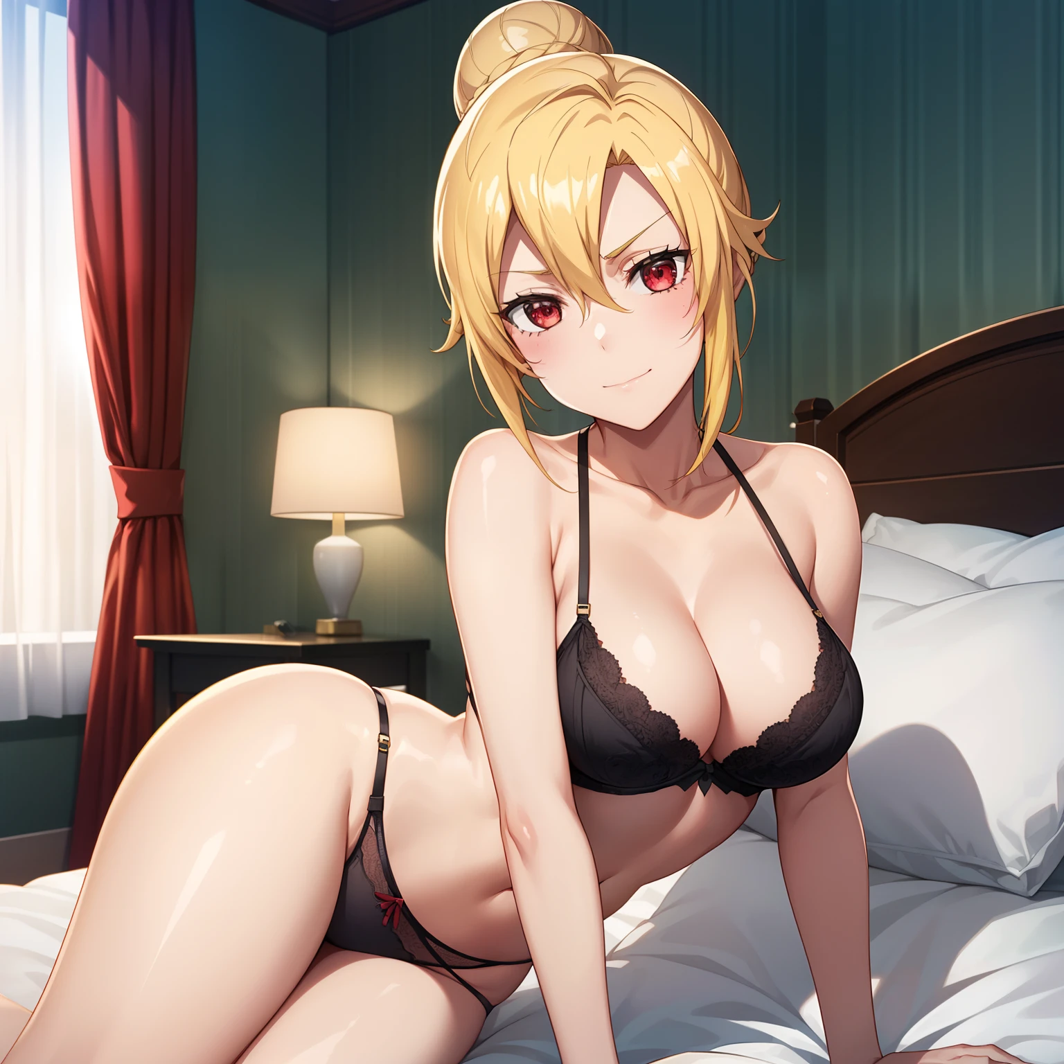 1girl,big breasts,hotel room,bed,(8k),
,detailed face,blond hair,red eyes,medium hair,bun,embarassed,shy,small smile,high_res, high_definition,battlefield,sexy pose,black sexy lingerie,