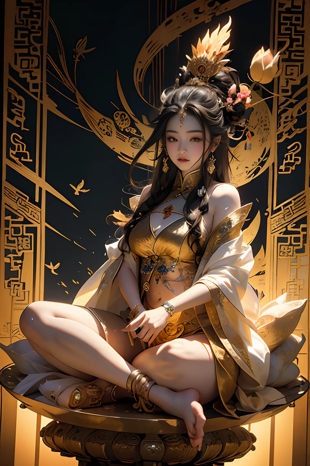 ancient chinese goddess, guanyin of the southern seas, guanyin, Inspired by India, Avalokiteşvara rides in Phoenix，,serene expressions,shui mo hua,Buddha,budista,lotuses,chinese painting style,Thangka style