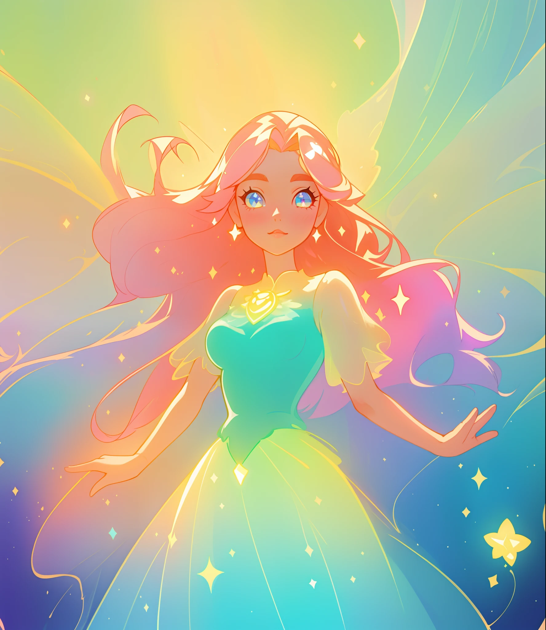 beautiful girl, puffy tiered ballgown, vibrant pastel colors, (colorful), glowing golden long hair, magical lights, sparkling magical liquid, inspired by Glen Keane, inspired by Lois van Baarle, disney art style, by Lois van Baarle, glowing aura around her, by Glen Keane, jen bartel, glowing lights! digital painting, flowing glowing hair, glowing flowing hair, beautiful digital illustration, fantasia background, whimsical, magical, fantasy, ((beautiful face)), ((masterpiece, best quality)), intricate details, highly detailed, sharp focus, 8k resolution, sparkling detailed eyes, liquid watercolor