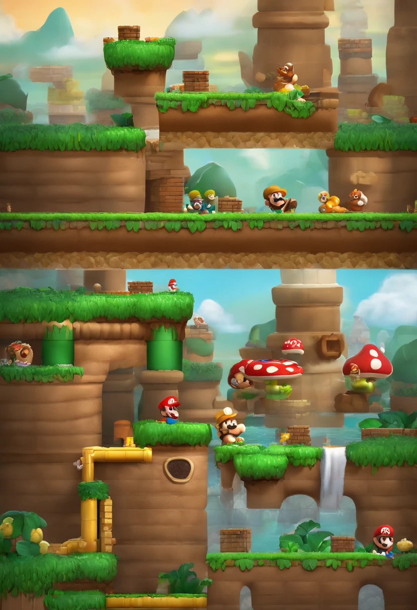 uma arte detalhada de super mario bros, one piece, 4k, corpo inteiro, inspirado em donkey kong, Art Style a piece, arte de anime limpa e detalhada, estilo de desenho hiper-realista, A Side Scrolling Video Game Setting