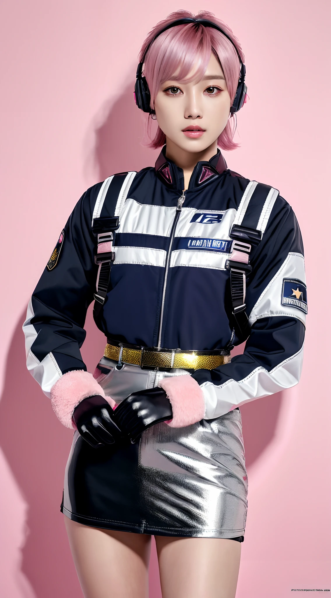 (Top Quality, Ultra High Definition, Photorealistic:1.4), (cowboy shot:1), 1 Beautiful Armed Girl, (Kpop Idol), Detailed Face, (Hair Style: Pink:1, fullbang, shortbob-style:1), Contrapposto, Perfect Anatomy, ((wearing Futuristic Police Racing Suits, low-mini-skirt, police wappen, High-tech Headset, military harness, racing gloves, )), (Cloths colors based on silver pink black white), (background, crashed cars, fire, (Explosion)),