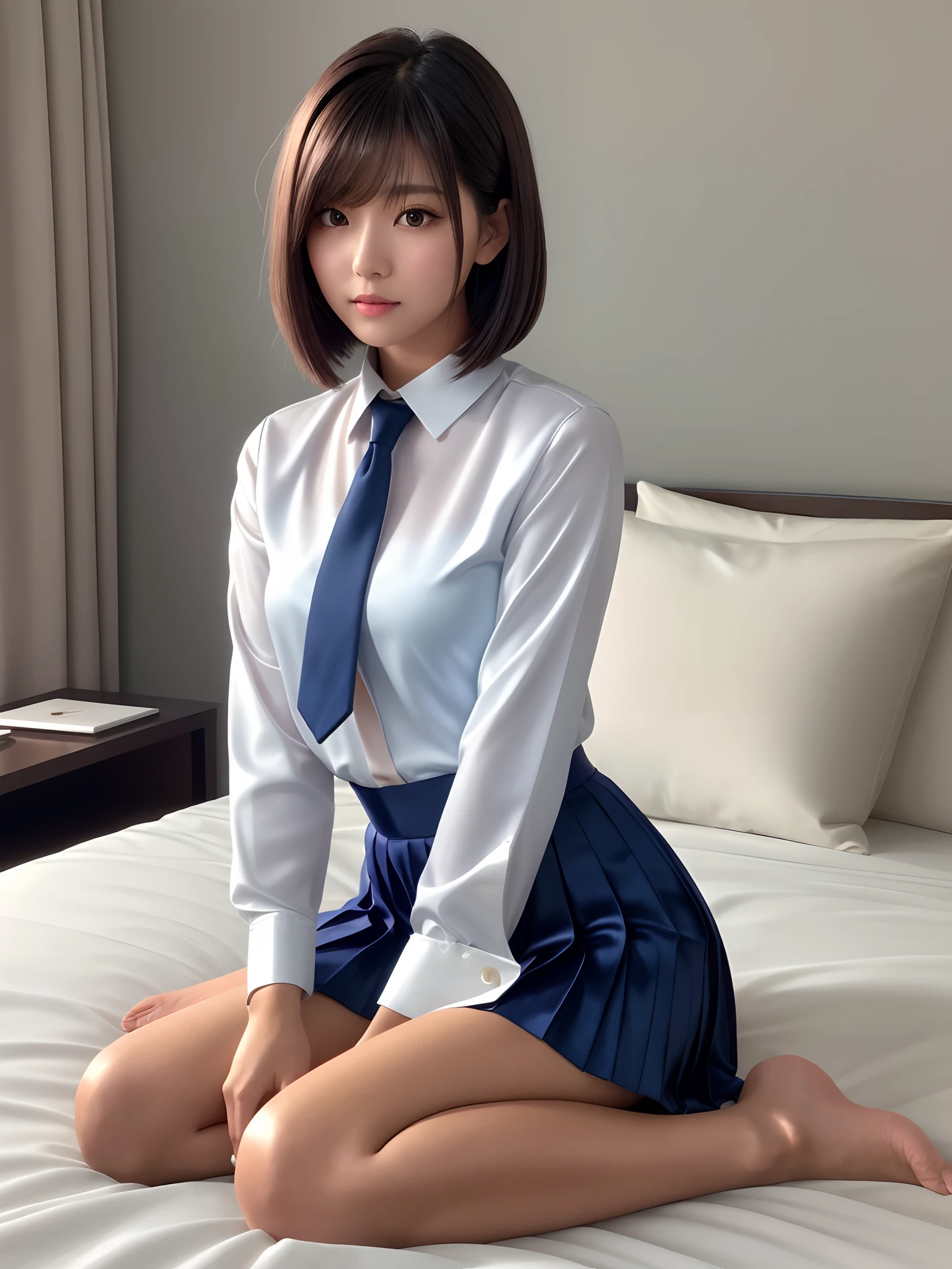 (masterpiece:1.2, Highest quality), (Realistic, photoRealistic:1.4), Beautiful illustrations, (Natural Side Lighting, Cinema Lighting), View your viewers, Cowboy Shot, Front view, close:1.5, 1 Girl, high school girl, Perfect Face, Cute and symmetrical face, Shiny skin, White skin、Seductive pose, (short hair:1.2, Bobcut:1.2, Black Hair), Hairline, Asymmetrical bangs, blue eyes, Long eyelashes, (Big Breasts:0.9, Thin thighs), Beautiful Hair, Beautiful Face, Beautiful details, Beautiful clavicle, Beautiful body, Beautiful breasts, Beautiful thighs, Beautiful feet, Beautiful fingers, ((Navy Blazer, Light blue collared shirt, Navy pleated mini skirt, socks, Red ribbon tie)), Pink Panties, (Beautiful views), evening, Bedroom, Lie in, hand on bed, (I&#39;Tears flow, Upward glance), (((Big Breasts))), (Underbust:1.5]