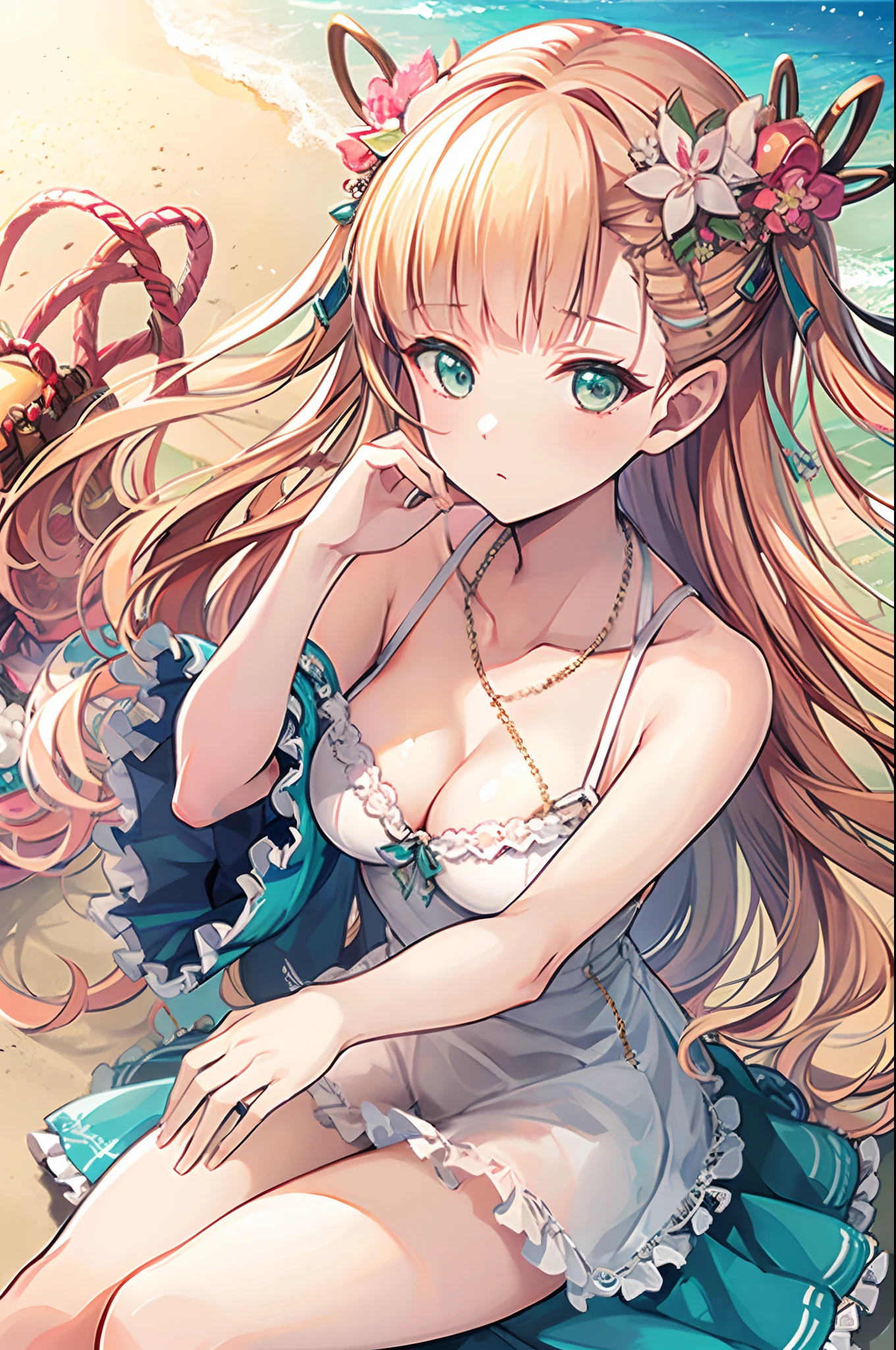 lisa rottlander, 8k, ultra-detailed, Masterpiece, best quality, green eyes, blonde hair, hair ornaments, long hair, middle chest, perfect lighting, sea side town, day, summer dress, ((close up face)), portrait, bokeh, looking side, from side
