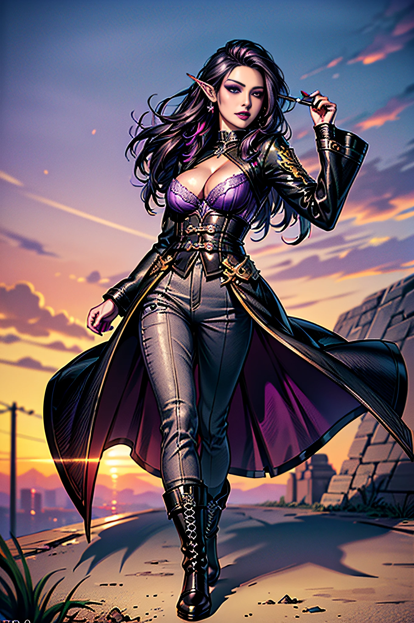 analog style, model shoot style, photo of a (female half-elf:1.5 wizard:1.3), 1girl, (fantasy:1.8, fantasy vista background:1.8), ((beautiful face: 1.5, perfect face:1.3)), (long black hair:1.6, tan skin:1.5, purple eyes:2.0, small ears:1.3, purple lipstick, eyeshadow, busty:1.8), (black coat, purple sleeves, grey pants, black boots, arm wraps), best quality, epic (photo, sony a7, 50 mm, pores:1.5, colors, hyperdetailed:1.5, film grain:1.4, hyperrealistic: 1.5), octane render, hyper-realistic lifelike texture, masterpiece, unreal engine 5, Extremely detailed CG unity 8k wallpaper, Madly detailed photo, hyper-realistic light, (Winner of the Pulitzer Prize for Photography and Taylor Wessing Photographic Prize)