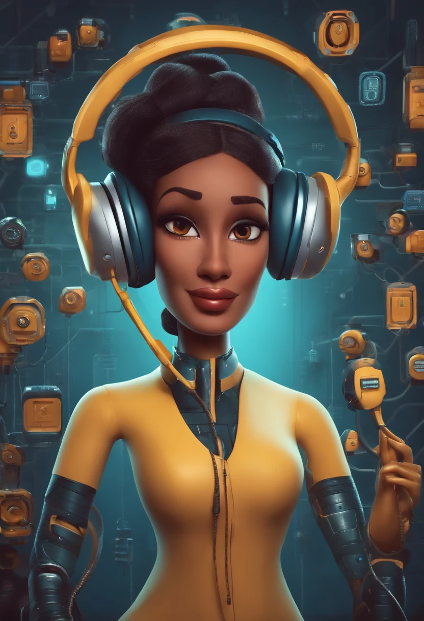A beautiful woman call center agent in robot body answering a phone