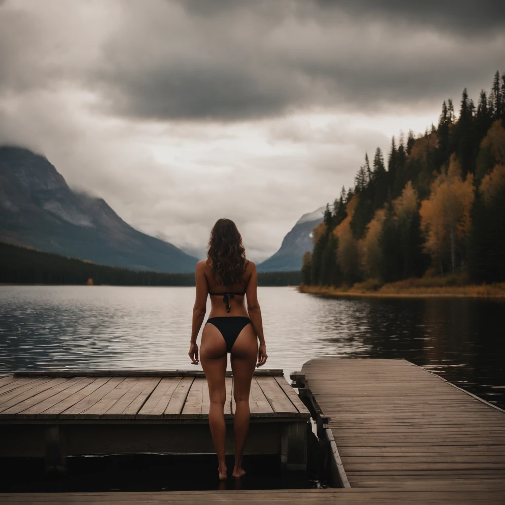 a woman with dark hair, standing on a dock overlooking a lake, wearing only a bikini bottom, trees, grass and mountains in the background, it is autumn as indicated by clouds and fall foliage, distant view, full body shot, thirds rule in effect