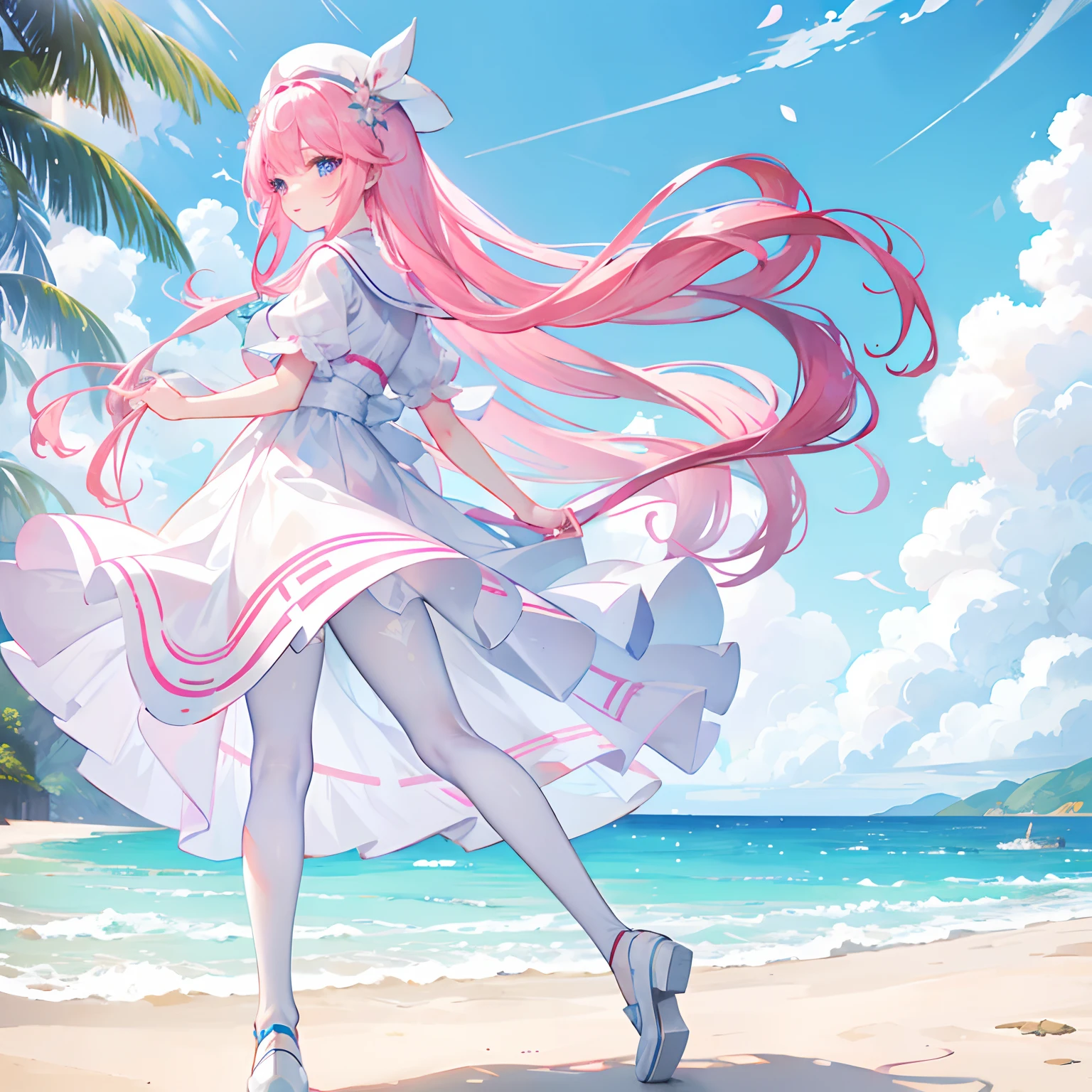 Best quality, one girl, cute, anime, hair is colorful, beautiful sky, beach, crystal clear white skin, asian girl, full body, middle school, , radiant, high contrast, seduction, sensuality, hair color is colorful silver-pink, smile, nipple, topless, barefoot, low angle,