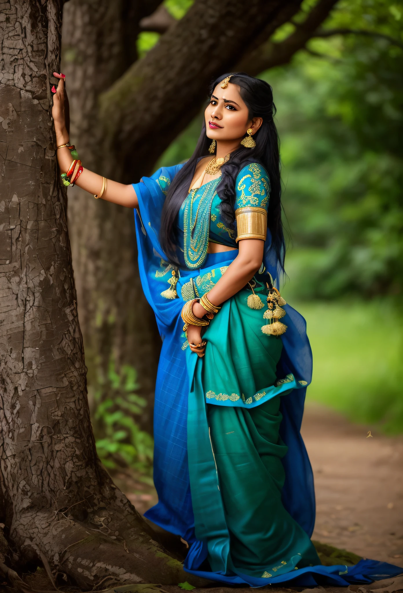 arafed woman in a blue and green sari leaning against a tree, wearing an elegant tribal outfit, blue colored traditional wear, traditional beauty, traditional dress, traditional clothes, traditional clothing, traditional costume, indian style, wearing bihu dress mekhela sador, traditional photography, wearing traditional garb, idian dress, assamese aesthetic, traditional makeup, traditional 4k