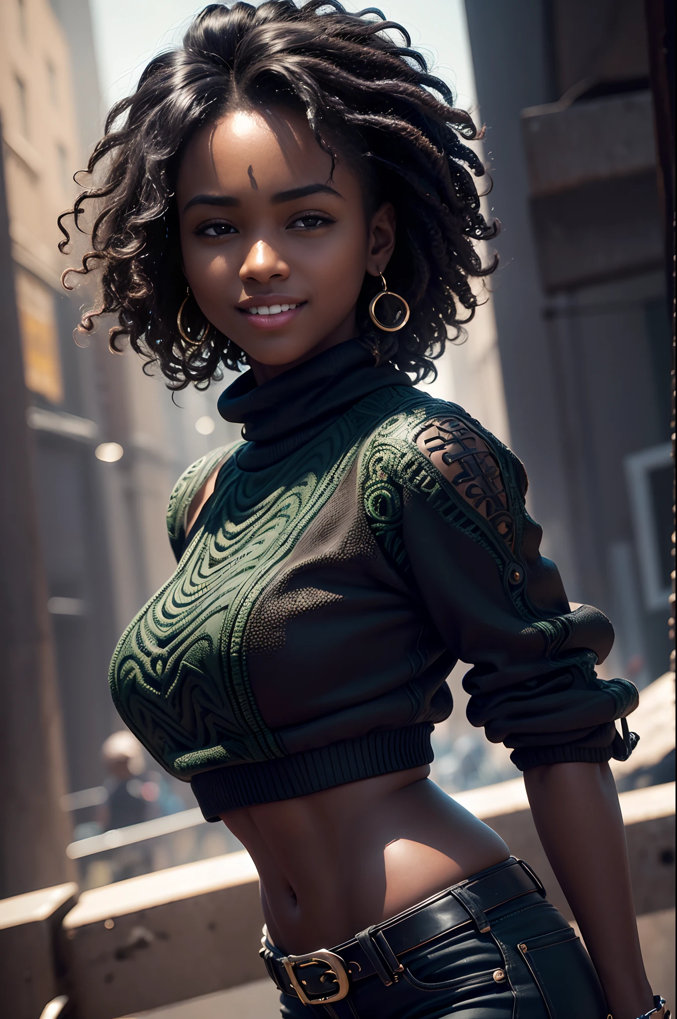 masterpiece, best quality, a dark skinned black woman wearing a detailed green turtle neck sweater with an intricate black leather jacket with blue jeans at a street party at night, angular afro haircut, jacket off one shoulders, midriff, smile, teeth, insane ultra hires, extreme intricate details, tooth gap, round ass, big nose, (full nose:1.3), face shadow
HDR, natural lighting, volumetric shading, dynamic pose, Hyperrealistic, realistic lighting, dramatic shadows, hard focus, high contrast, dramatic perspective
dramatic shadows,