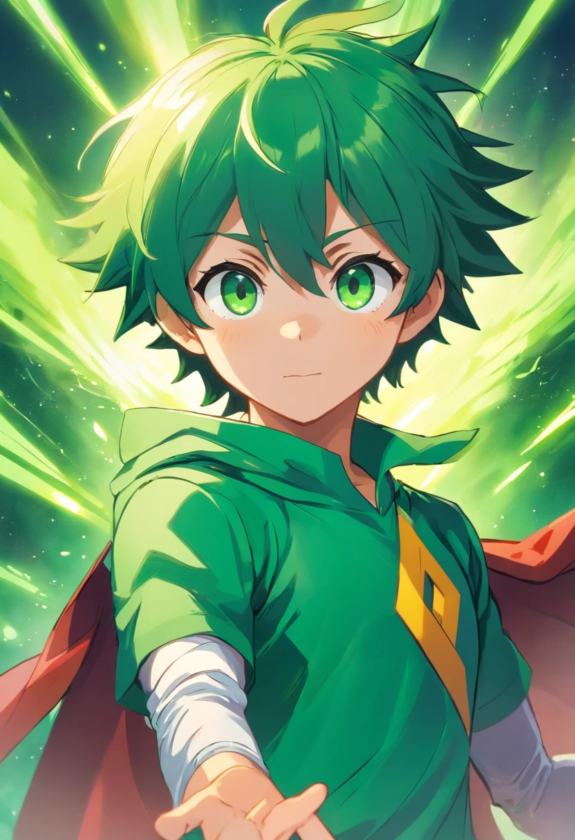 Deku tiene una apariencia juvenil y es de estatura promedio. Su cabello es de color verde esmeralda y peinado hacia arriba en picos desordenados. Usually wears a determined expression and often shows determination on his face. En el anime, sus ojos son grandes y redondos, con iris de color verde brillante. Deku often wears his hero costume, que consiste en un traje verde con detalles en blanco, as well as a mask that covers part of his face and a red cape.