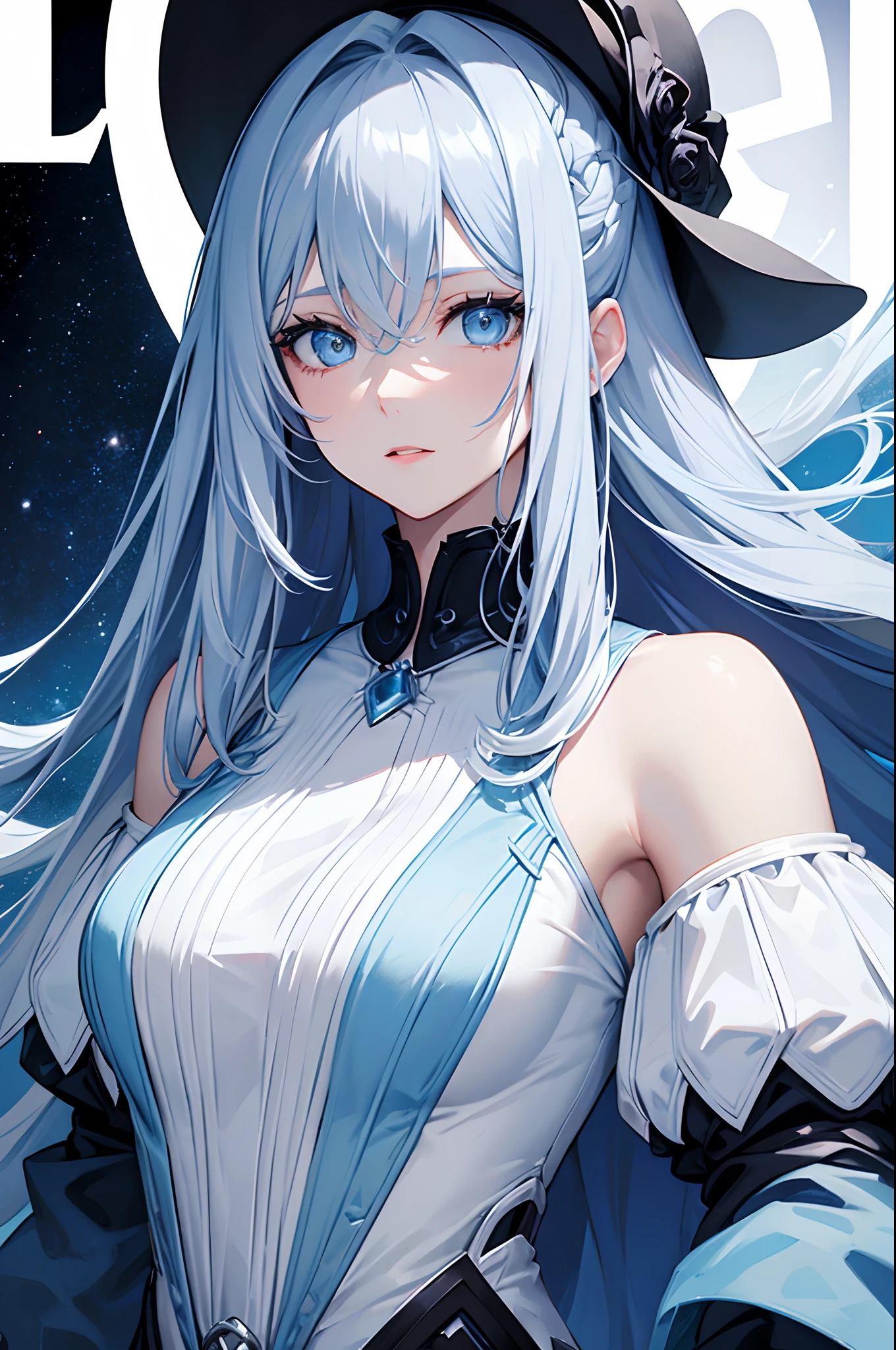 Cover magazine. Solo. 1-woman. Adult women. A beauty woman with long white hair. Her eyes were light blue. She in modern style. Fantasy. Unusual hairstyle. There are accessories on her clothes. Future theme. Half body potrait. Model.