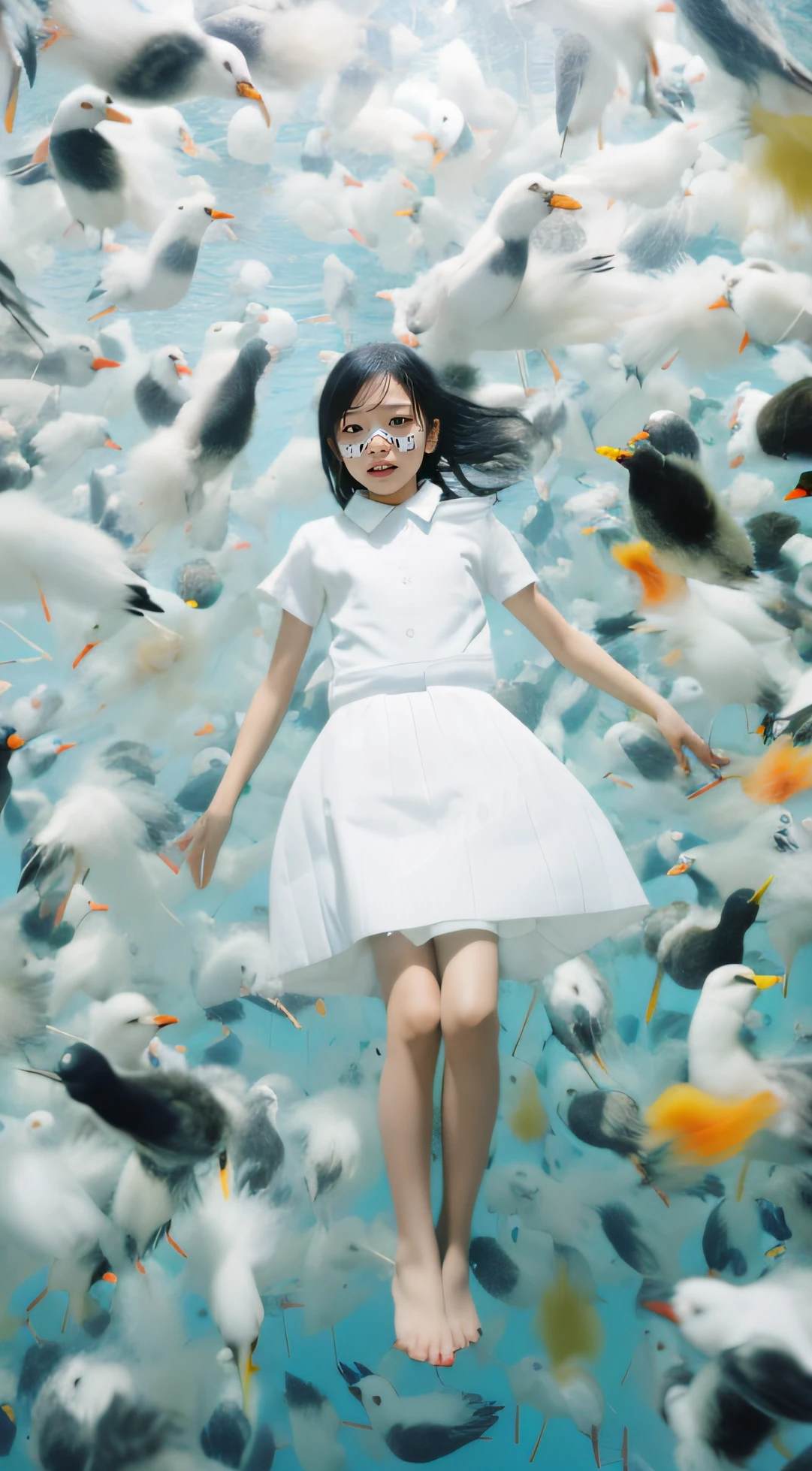 ((crane))、bird、Rainy Sky、1girl,from below
