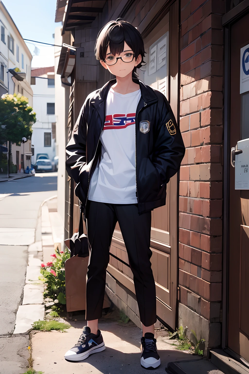 um adolescente de 16 anos com cabelos pretos, wearing glasses and a simple outfit. (Usa luvas:1.4). Ele tem uma jaqueta aberta revelando uma camisa branca por baixo, paired with black pants and sneakers. His face has a faint smile as he stands alone in the scene, olhando diretamente para o espectador. Characteristics: antissocial, inteligente, talentoso, mas rejeitado pelo pai
Roupa: Black frame glasses (glasses), jaqueta preta ligeiramente aberta, camisa branca, black pants, sneaker