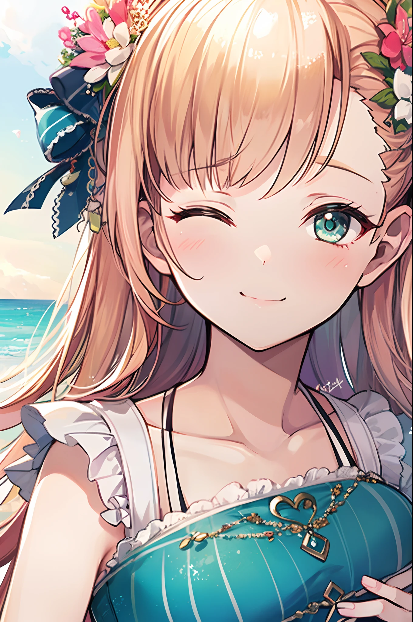 lisa rottlander, 8k, ultra-detailed, Masterpiece, best quality, green eyes, blonde hair, hair ornaments, long hair, middle chest, perfect lighting, sea side town, day, summer dress, ((close up face)), portrait, bokeh, looking side, kidding smile, closed eyes